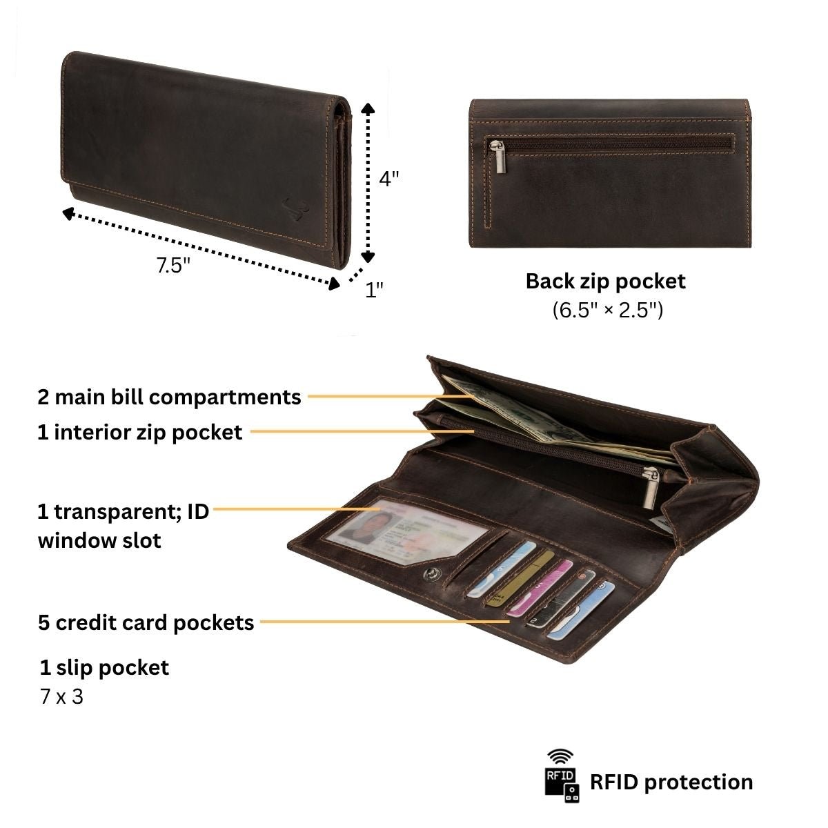 Minori Leather Charlotte brown leather wallet showing multiple card slots and a sleek fold-over design.