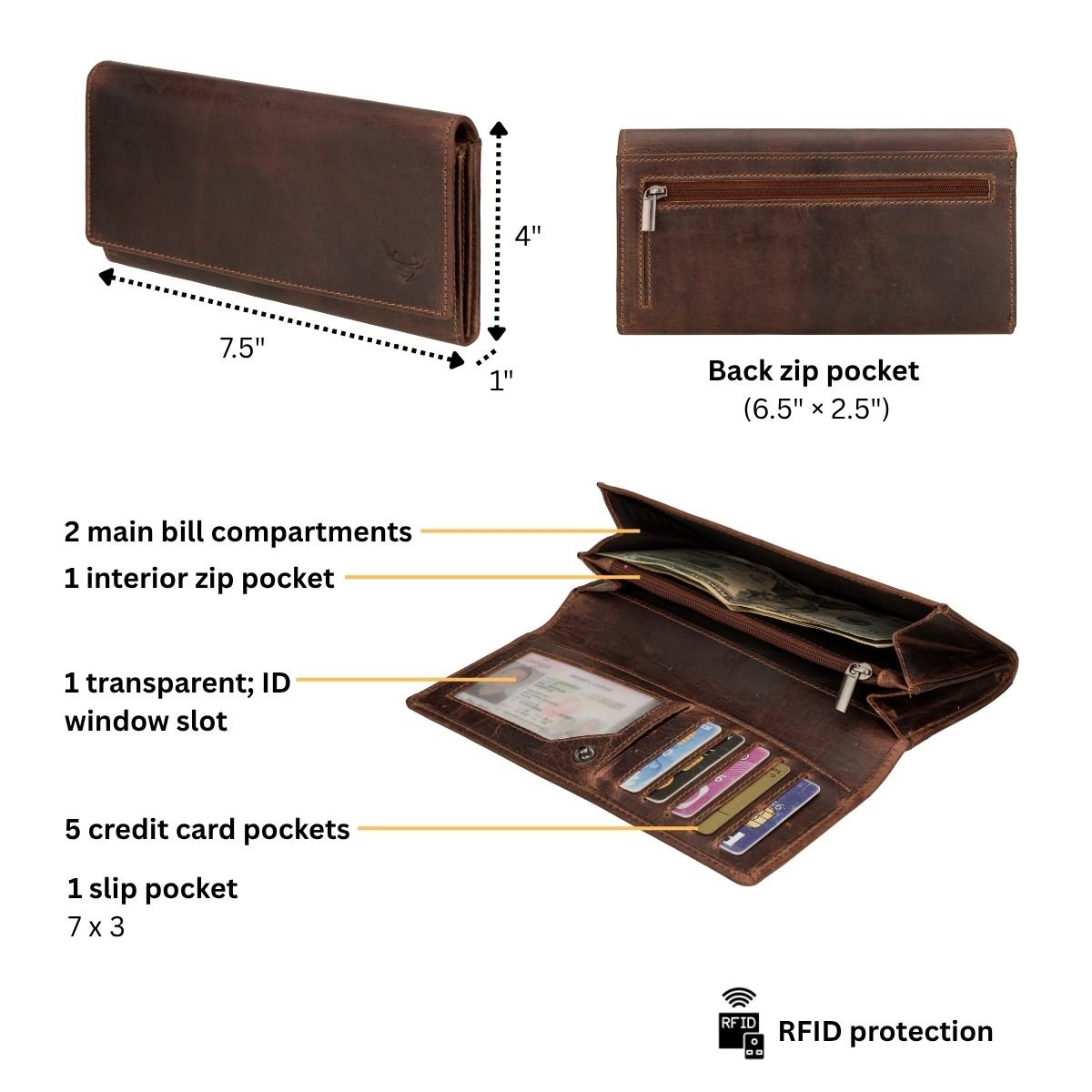 Minori Leather Charlotte wallet in chestnut leather with multiple card slots and a sleek design.
