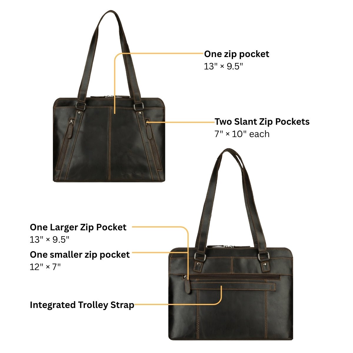 Brown Camille leather laptop tote bag by Minori Leather, featuring sturdy handles and spacious interior for carrying laptops and essentials.