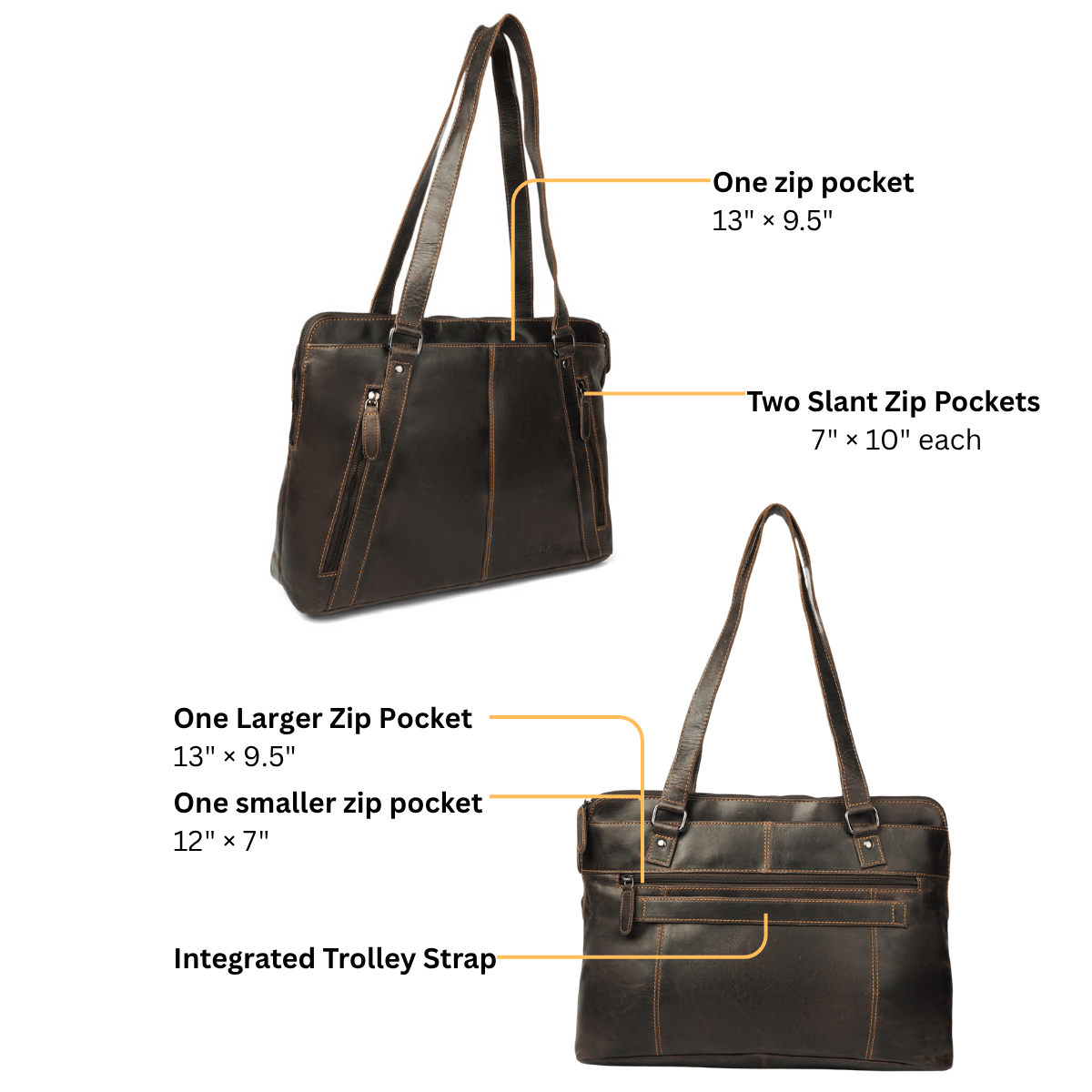 Brown Camille leather laptop tote bag by Minori Leather, showing the spacious design and sturdy handles on a plain background.