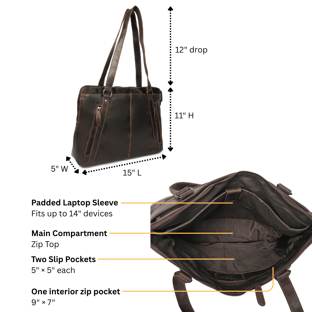 Brown Camille leather laptop tote bag by Minori Leather with sturdy handles and spacious interior for laptops and essentials.