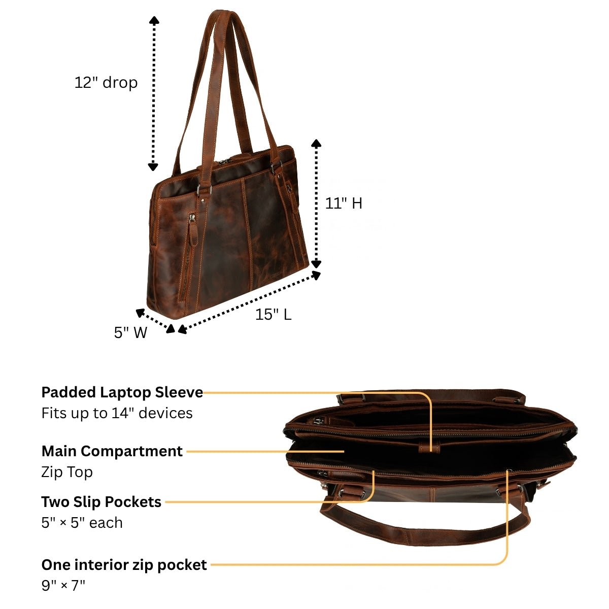 Camille leather laptop tote bag by Minori Leather in chestnut, featuring sturdy handles and a spacious interior for carrying laptops.