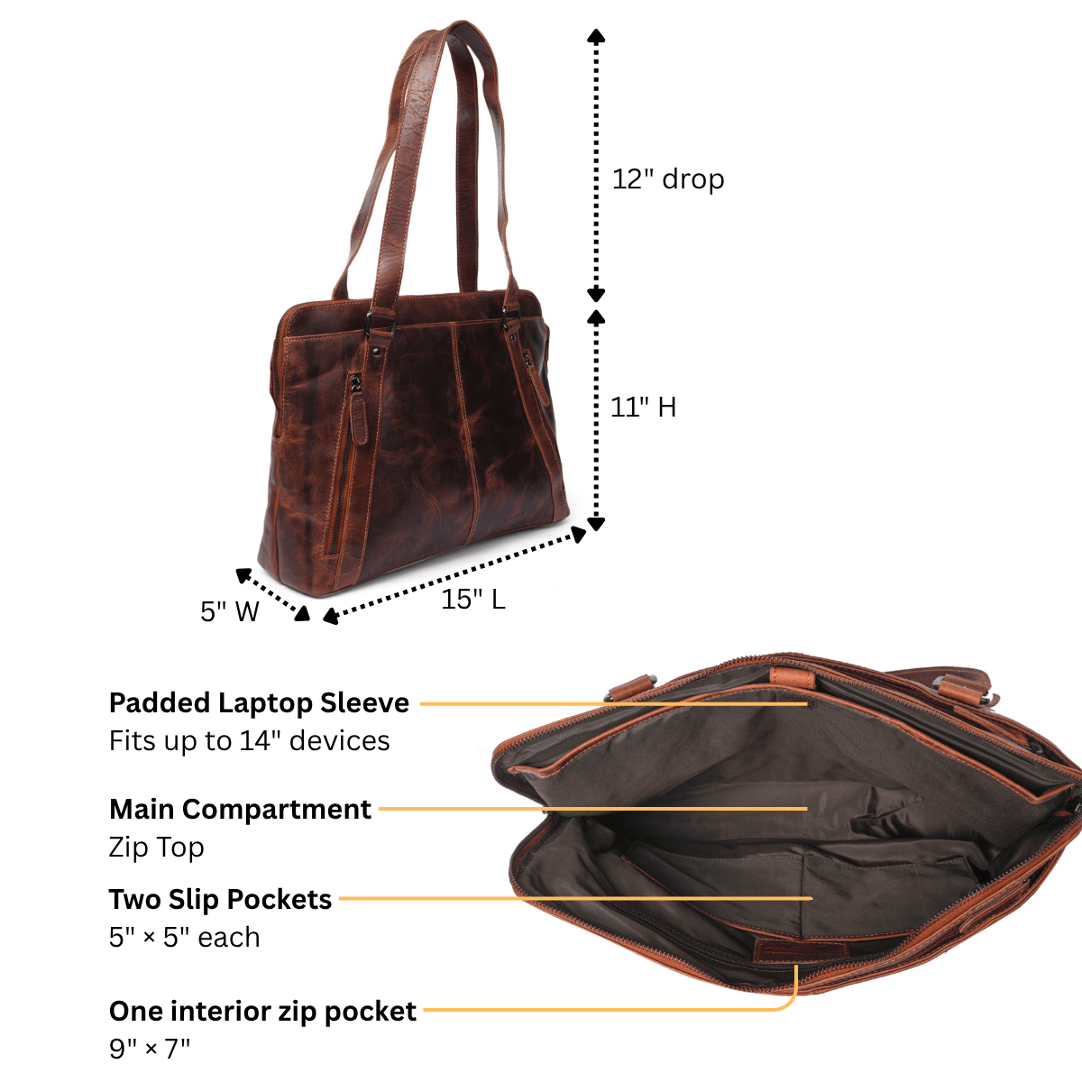 Camille leather laptop tote bag by Minori Leather in chestnut with sturdy handles and spacious design for everyday use.
