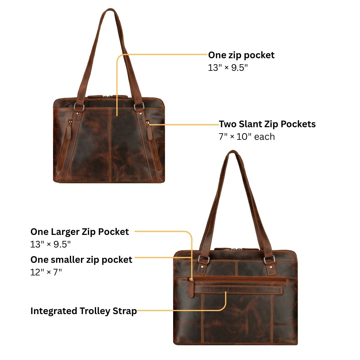 Minori Leather Camille leather laptop tote bag in chestnut with sturdy handles and spacious interior, stylish for work and travel.