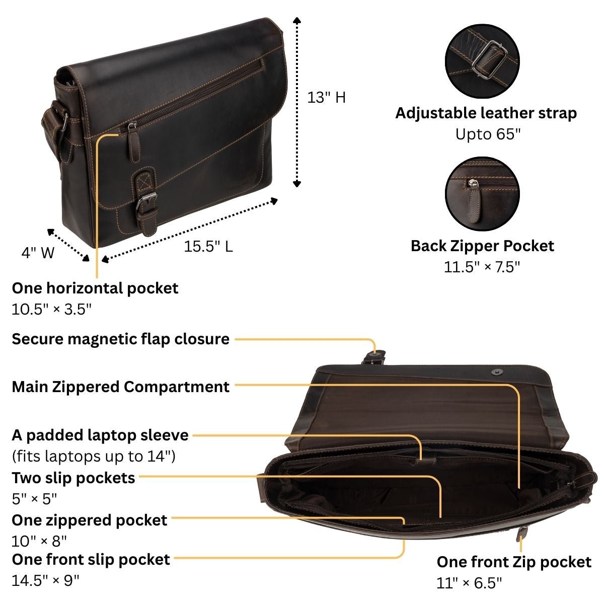 Brown Minori Leather messenger bag for 14-inch laptops, stylish Chicago design with premium leather craftsmanship.