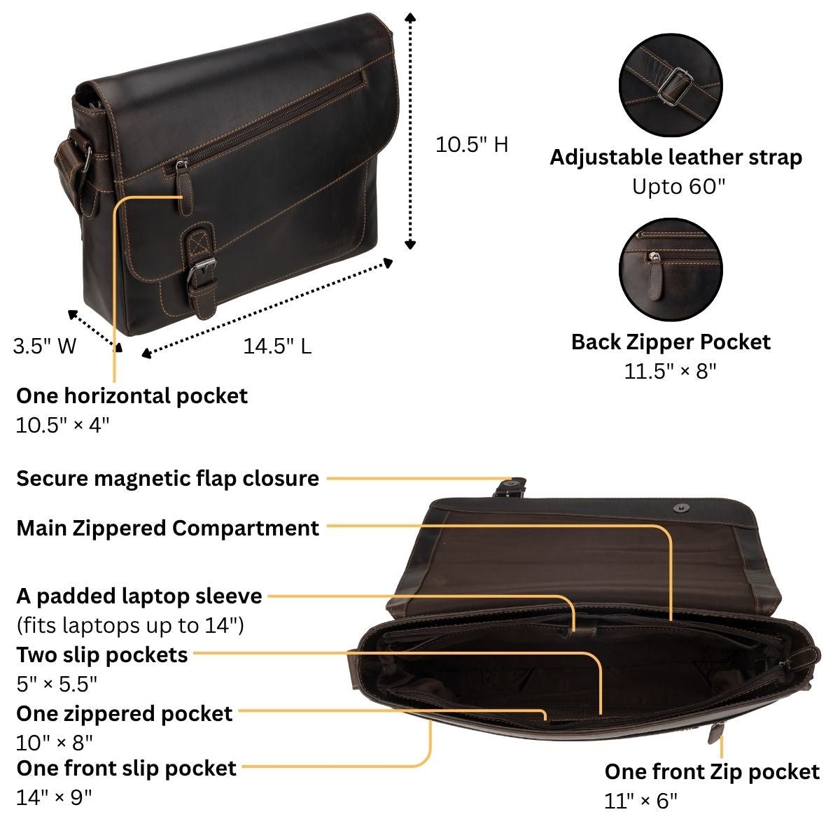 Premium Leather Laptop Bag 14" – Chicago – Brown - Minori Leather