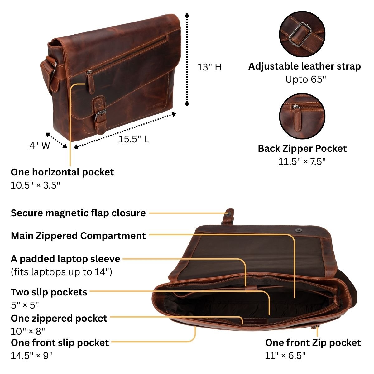 Chicago Leather Messenger Bag 14" – Unisex – Chestnut - Minori Leather