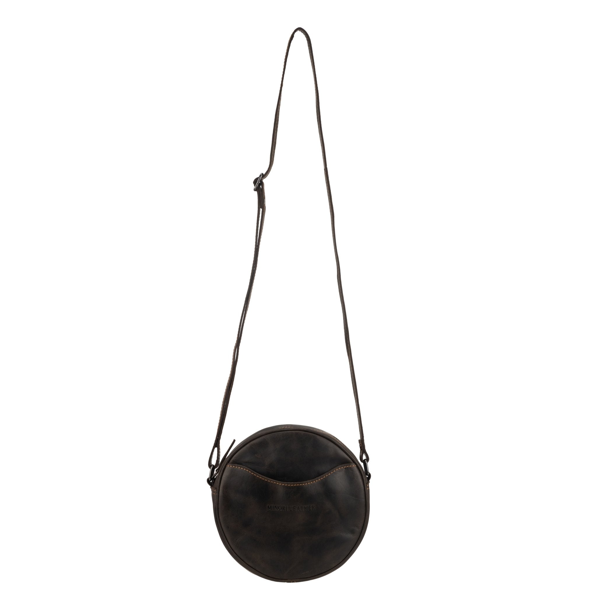 Minori Leather Luna leather round crossbody bag in chestnut brown with hair-on brown accents, stylish women's handbag.