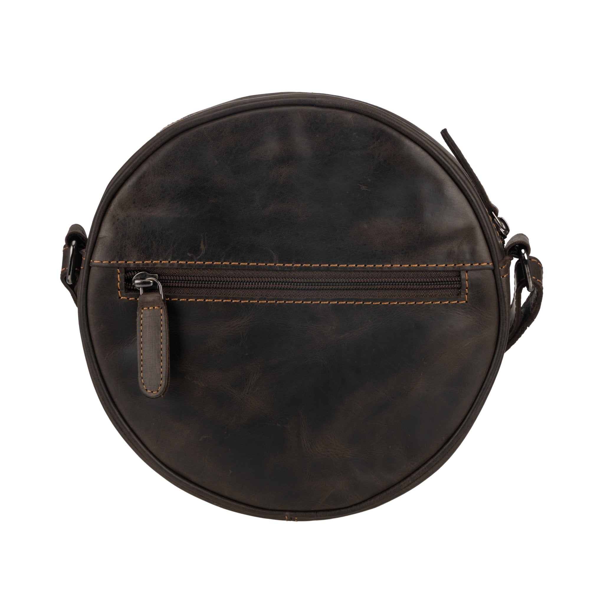 Minori Leather Luna leather round crossbody bag in chestnut, brown, and hair-on brown leather with adjustable strap.