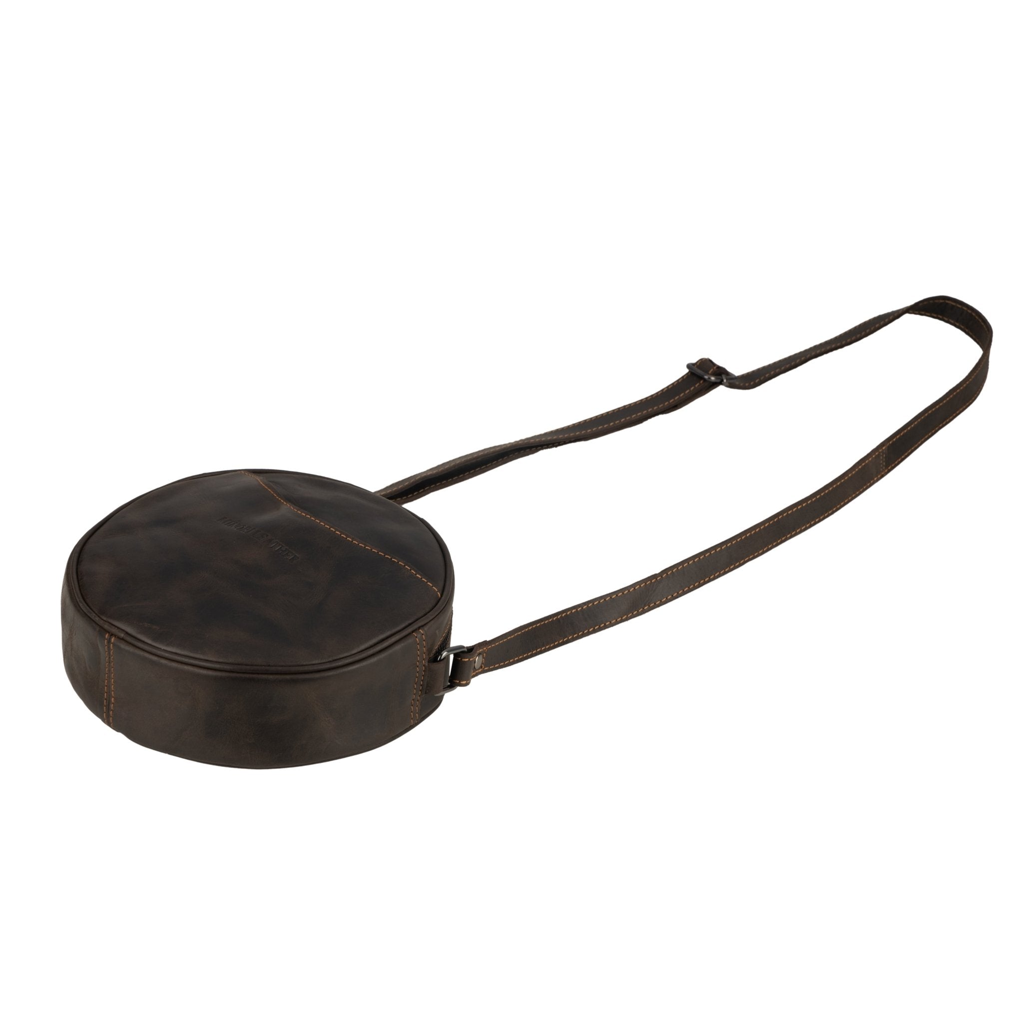 Minori Leather Luna round crossbody bag in chestnut brown leather with hair-on brown accents, stylish women's accessory.