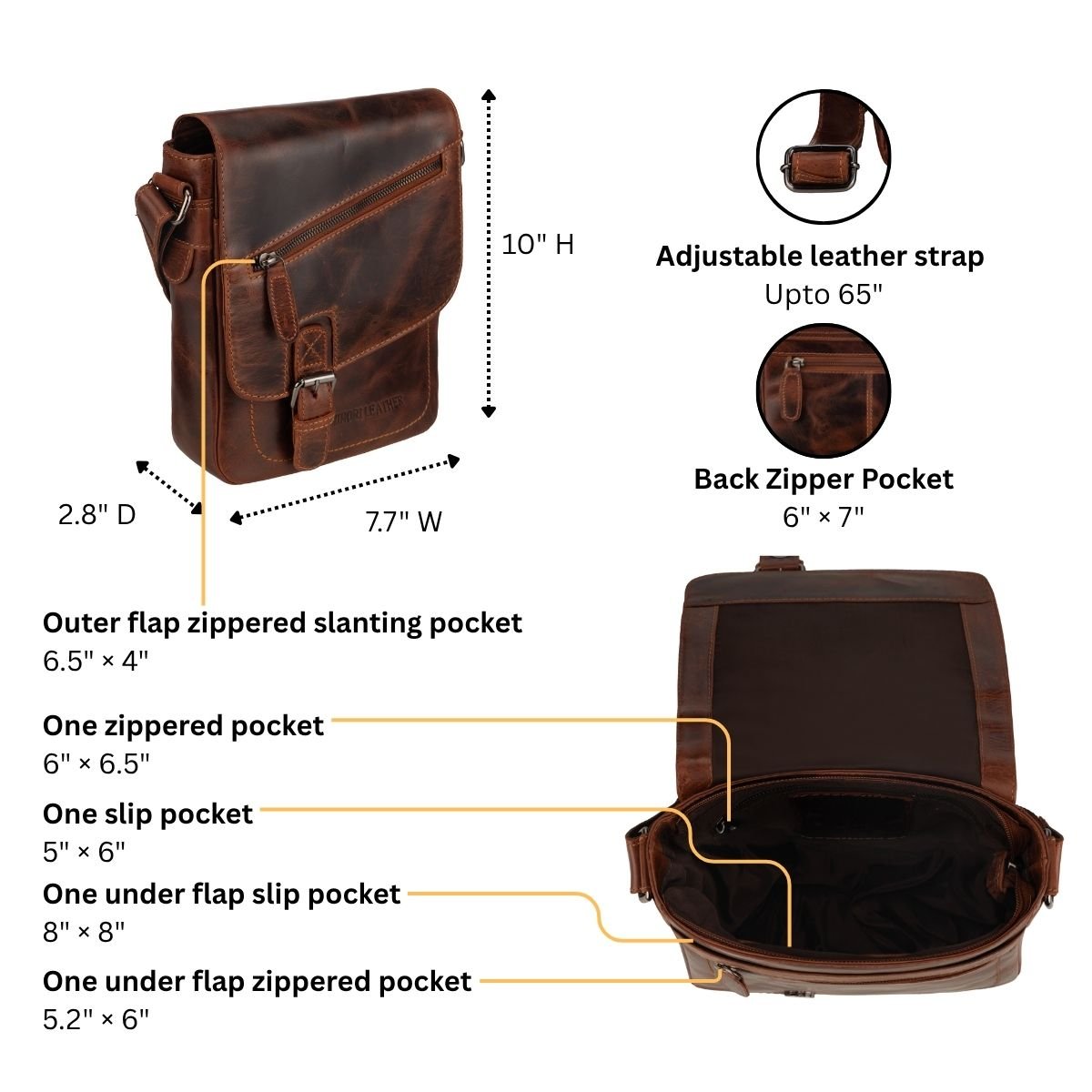 Minori Leather Dallas crossbody bag in chestnut leather with detailed stitching and adjustable strap.