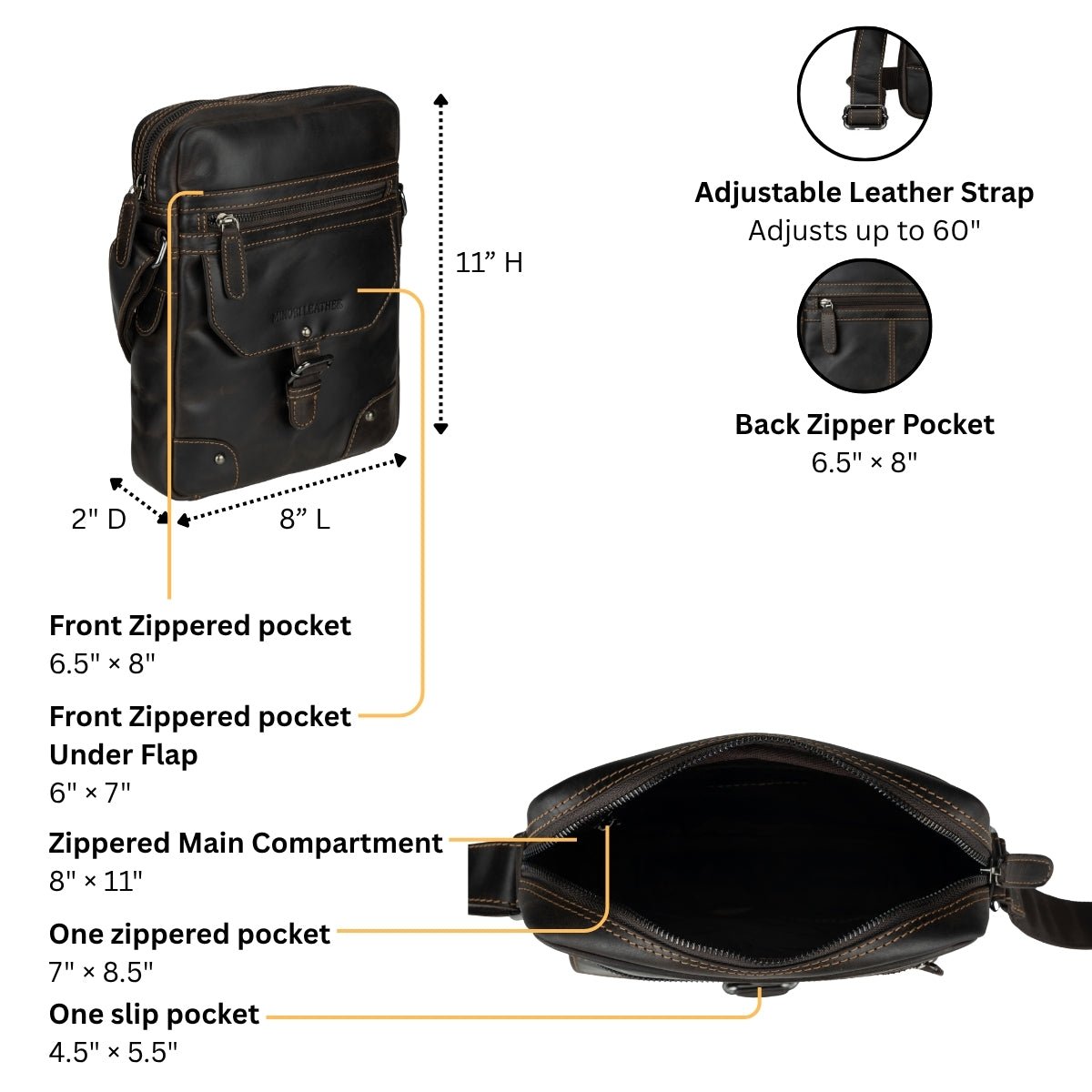 Minori Leather Denver brown unisex leather crossbody bag with adjustable strap and front pocket, detailed close-up view.