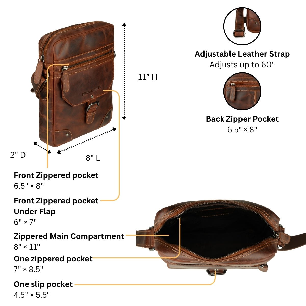 Minori Leather Denver unisex leather crossbody bag in chestnut with adjustable strap and front pocket, detailed view of texture and stitching.