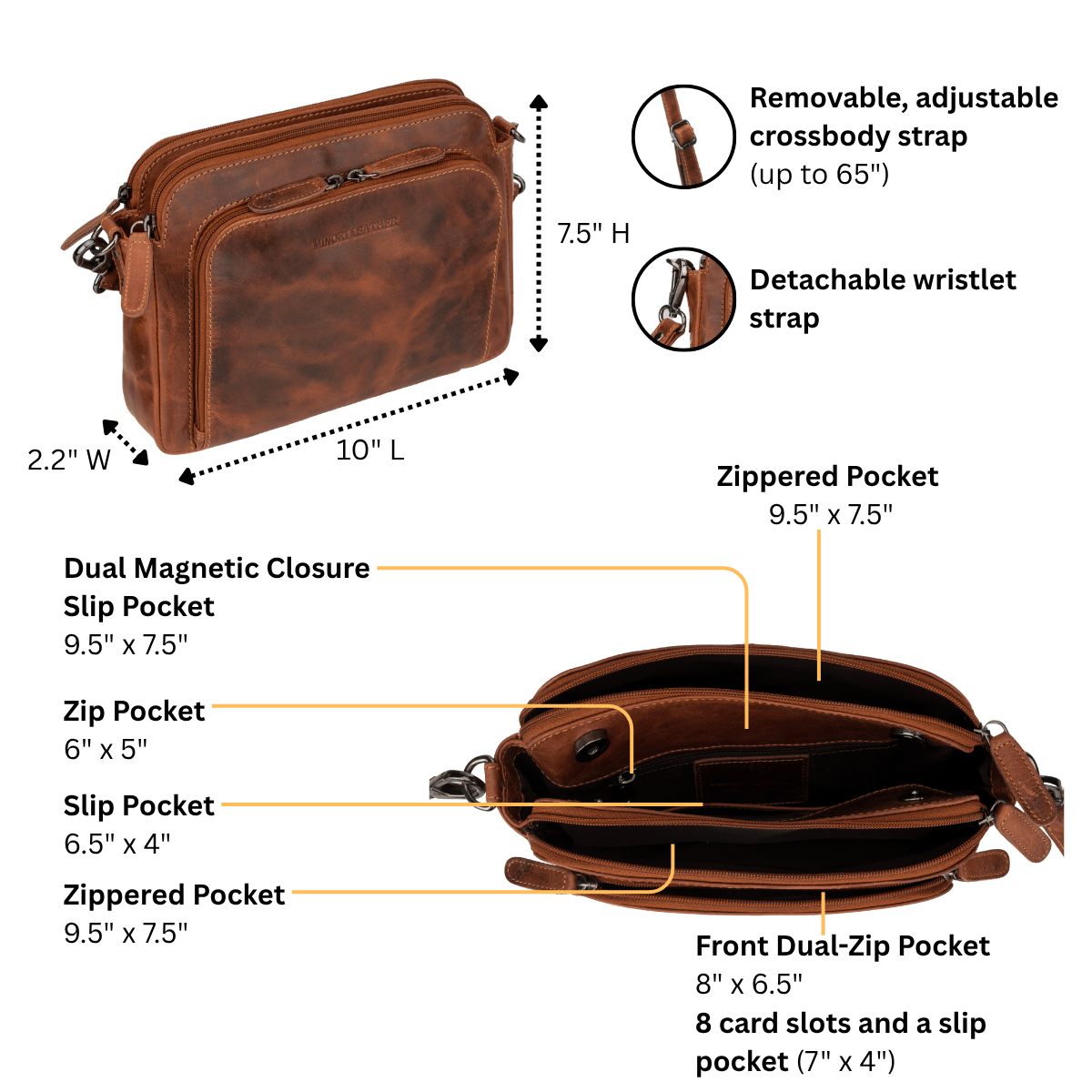 Minori Leather Ellis leather crossbody bag in chestnut with adjustable strap and sleek design, perfect for everyday use.