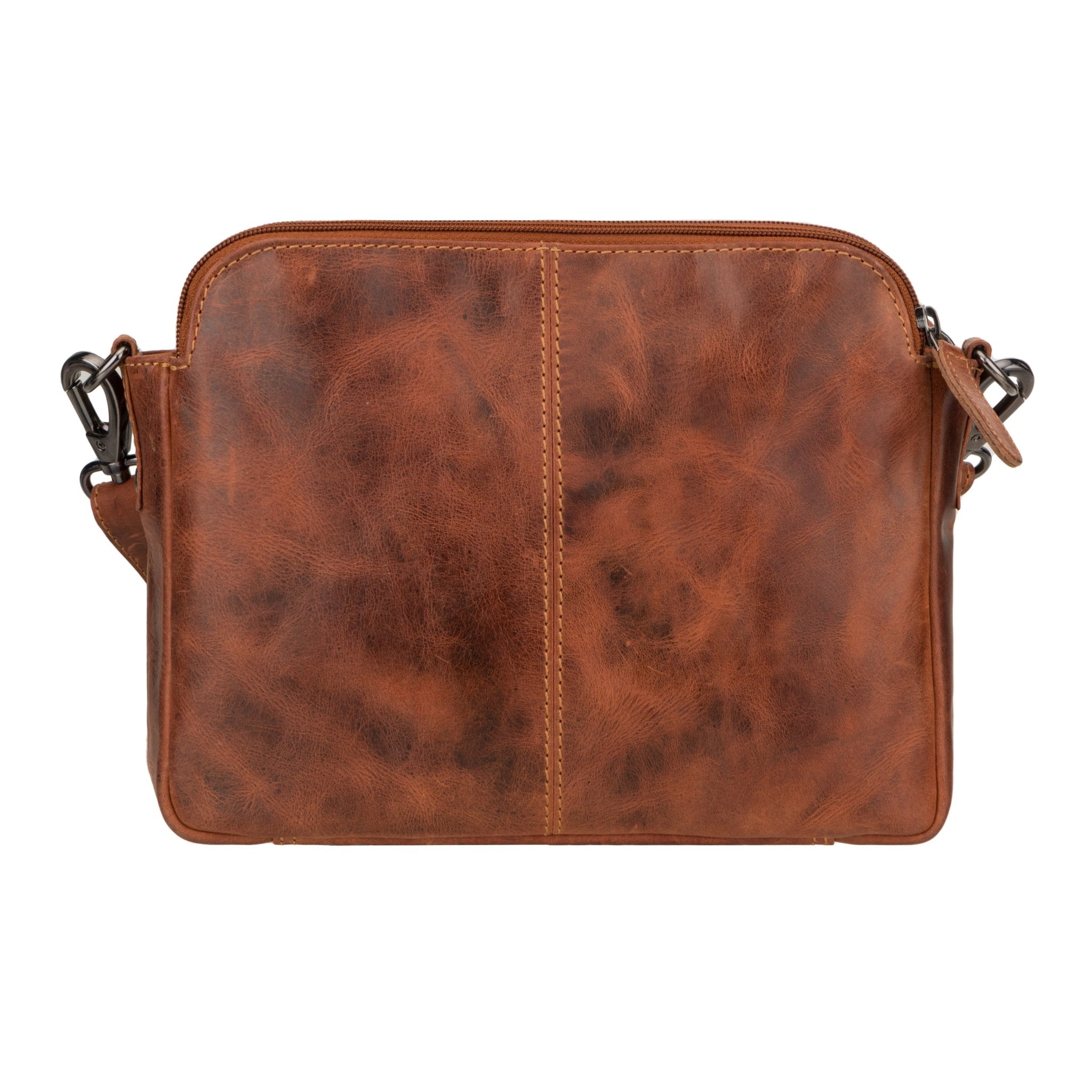 Ellis leather crossbody bag in chestnut with adjustable strap, front pocket, and minimalist design by Minori Leather