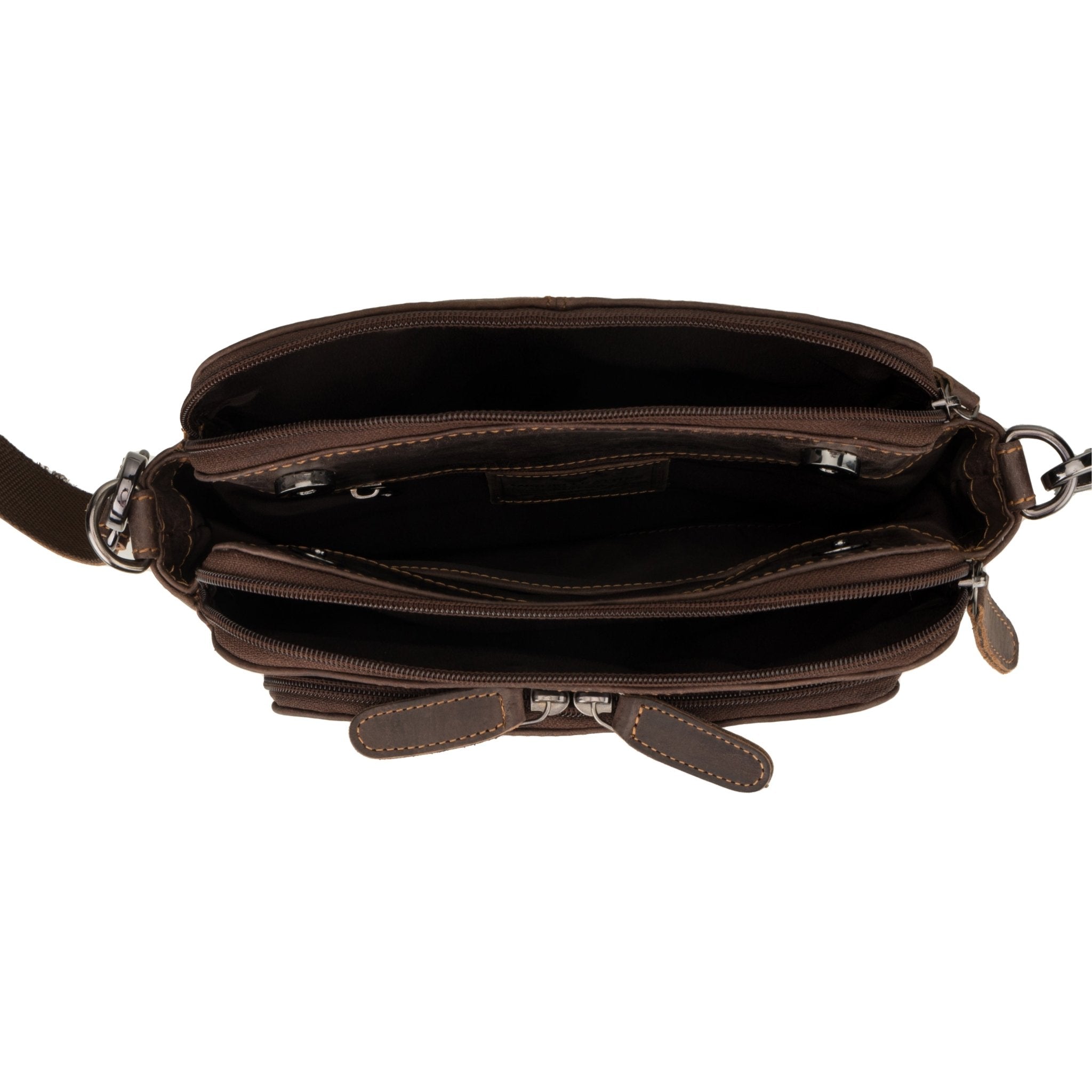 Minori Leather Ellis crossbody bag in brown leather with adjustable strap and sleek design.