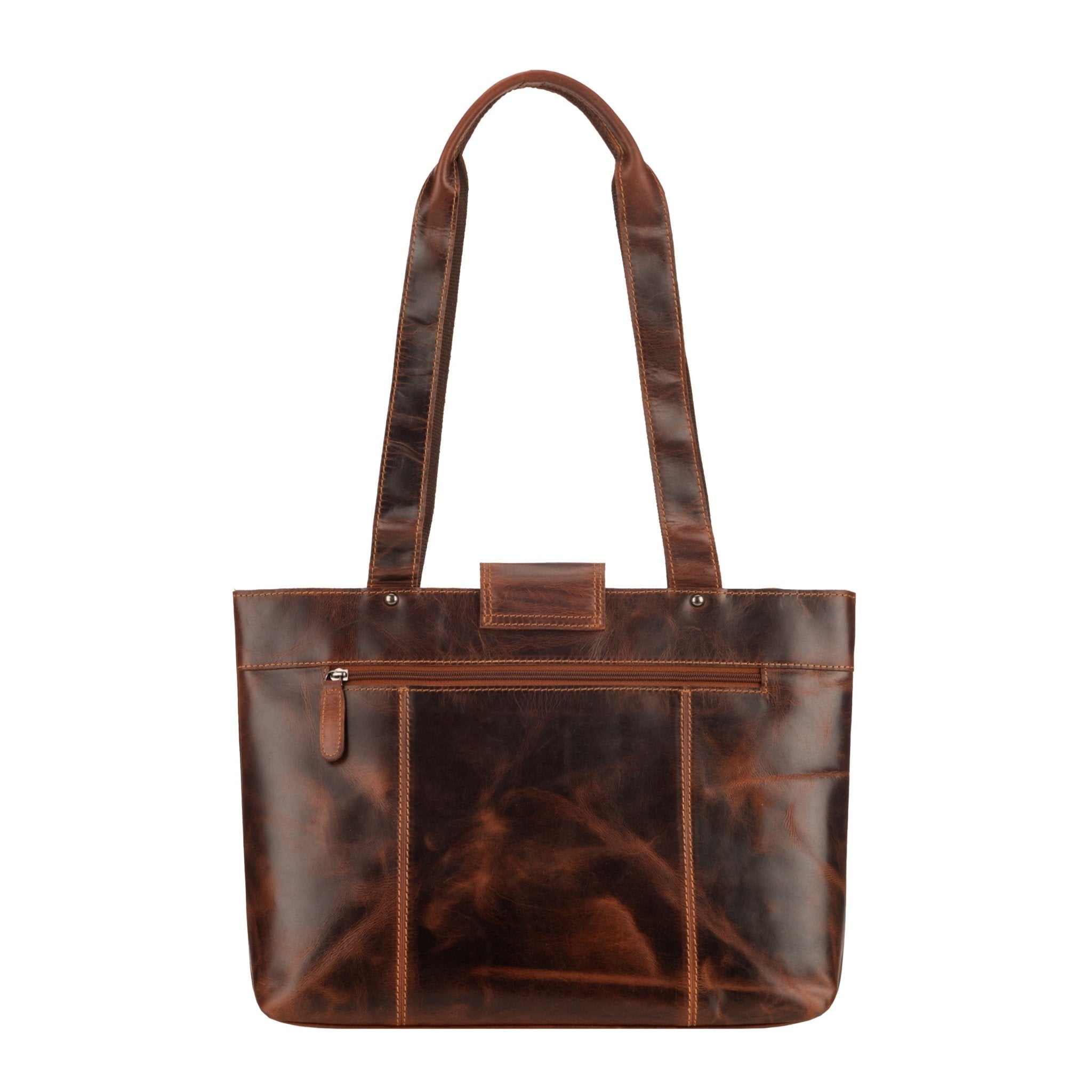 Minori Leather Everett leather shoulder tote bag in chestnut with dual top handles and spacious interior.