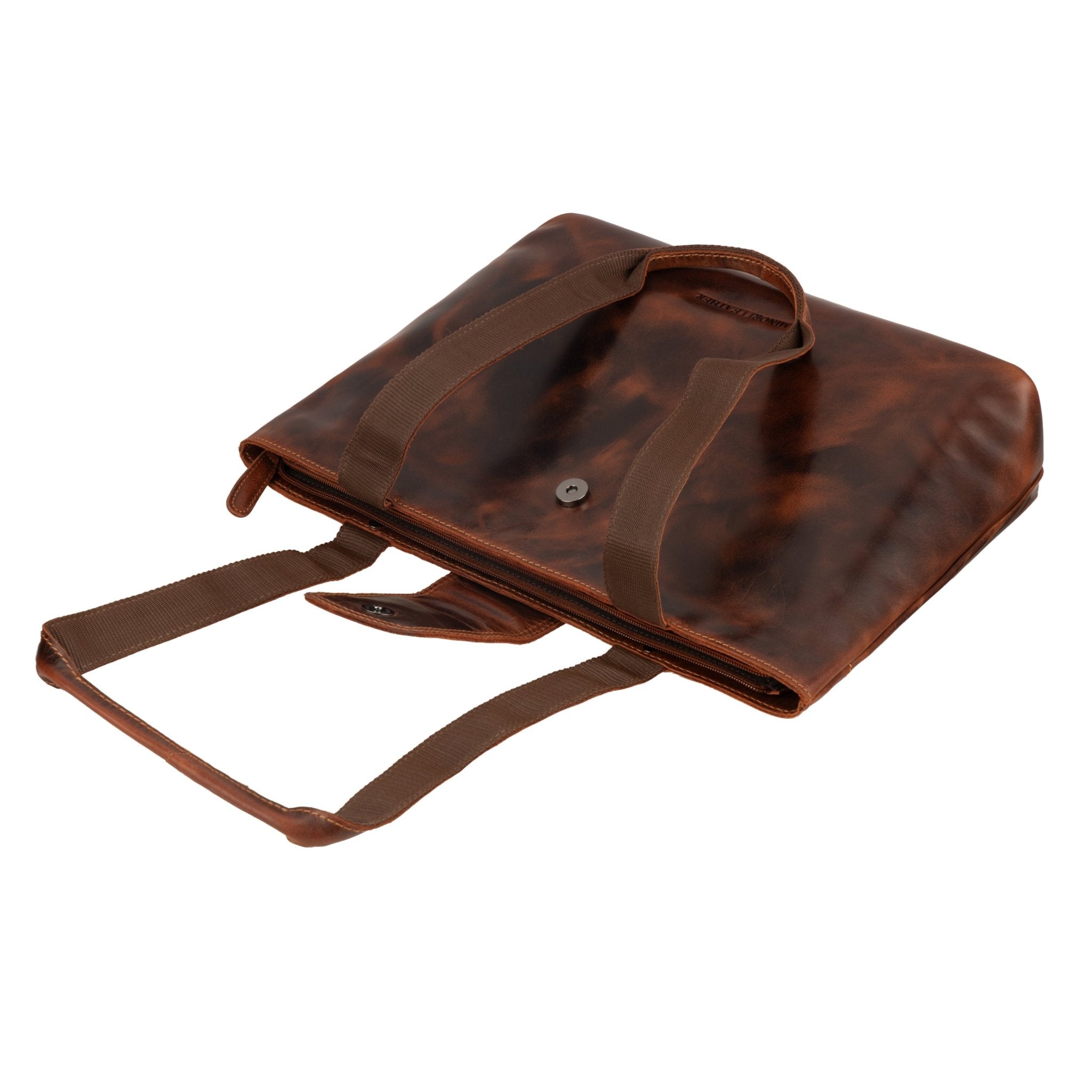 Minori Leather Everett leather tote bag in chestnut with shoulder strap and spacious interior, stylish and durable for everyday use.