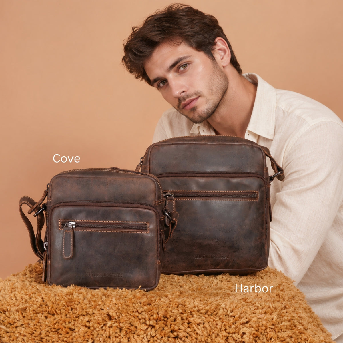 Minori Leather Harbor Crossbody Bag in chestnut leather with adjustable strap and minimalist design.
