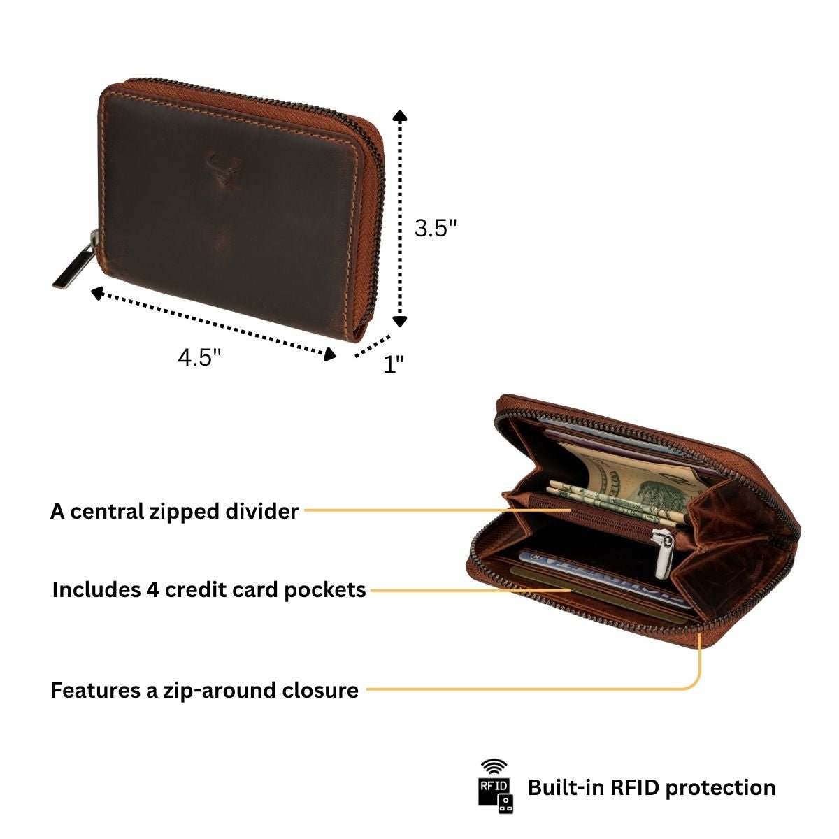 Minori Leather Hazel leather wallet in chestnut color showing its sleek design and compact size.