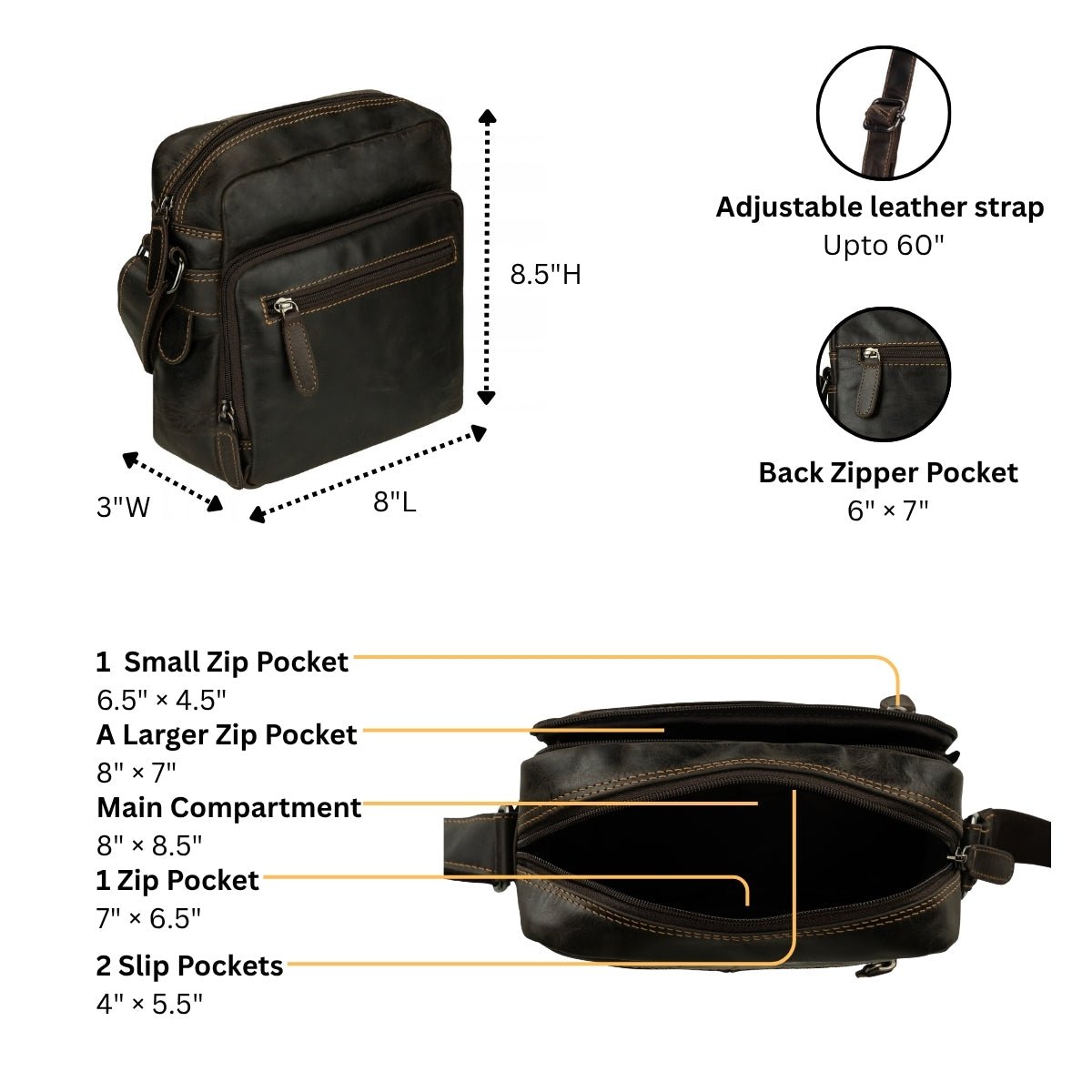 Minori Leather Harbor brown leather crossbody messenger bag with adjustable strap, front pocket, and sleek design.