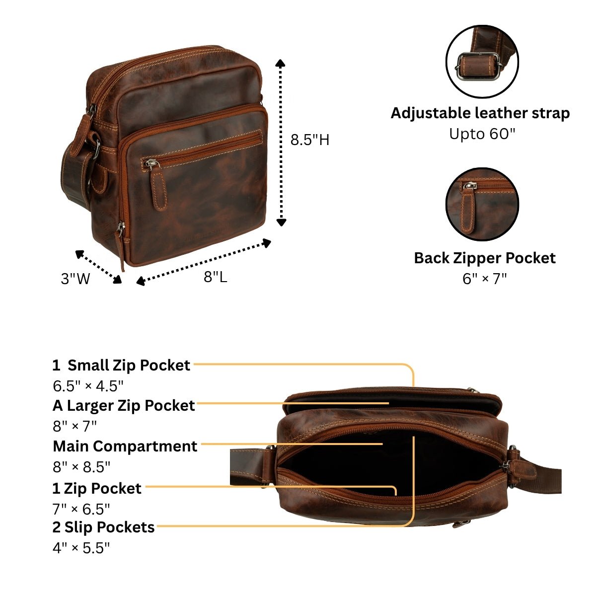Minori Leather Harbor leather crossbody bag in chestnut with adjustable strap and spacious interior, casual and stylish design.