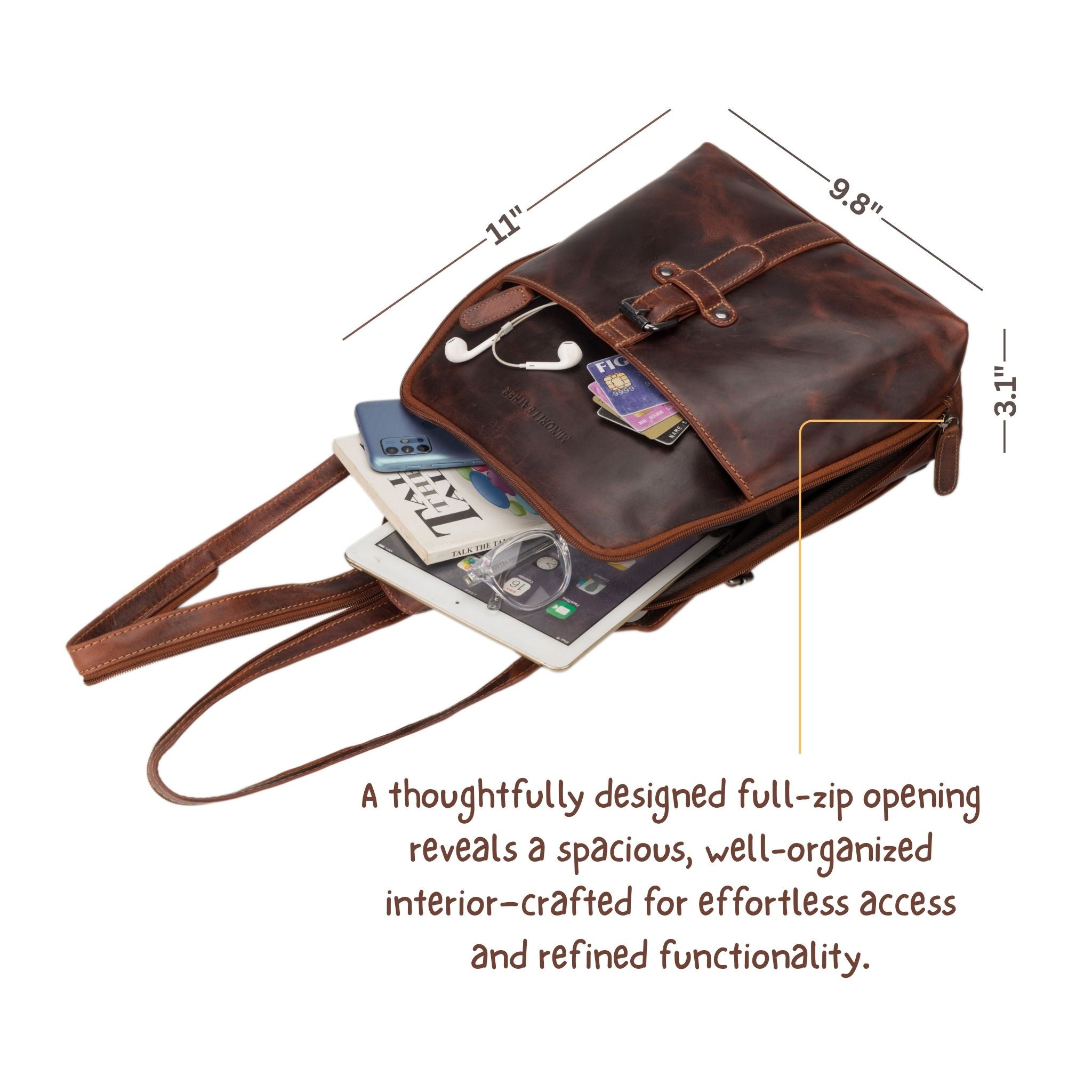 Minori Leather Isla leather backpack for women in chestnut, featuring a stylish and functional design with adjustable straps and exterior pockets.