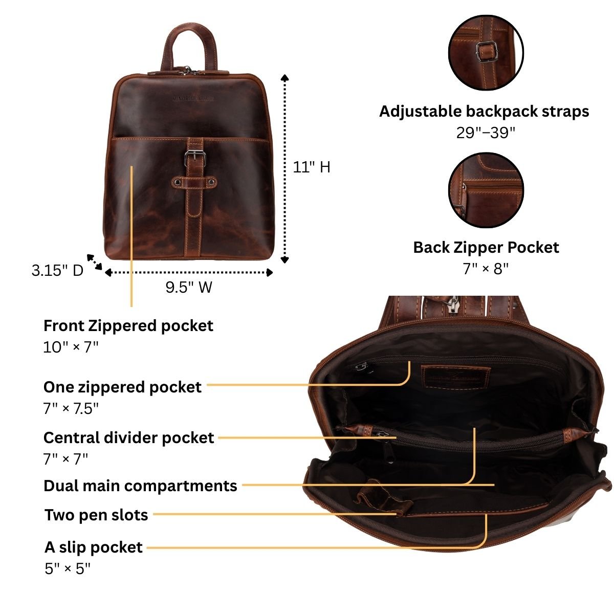 Minori Leather Isla leather backpack for women in chestnut with detailed stitching and adjustable straps.