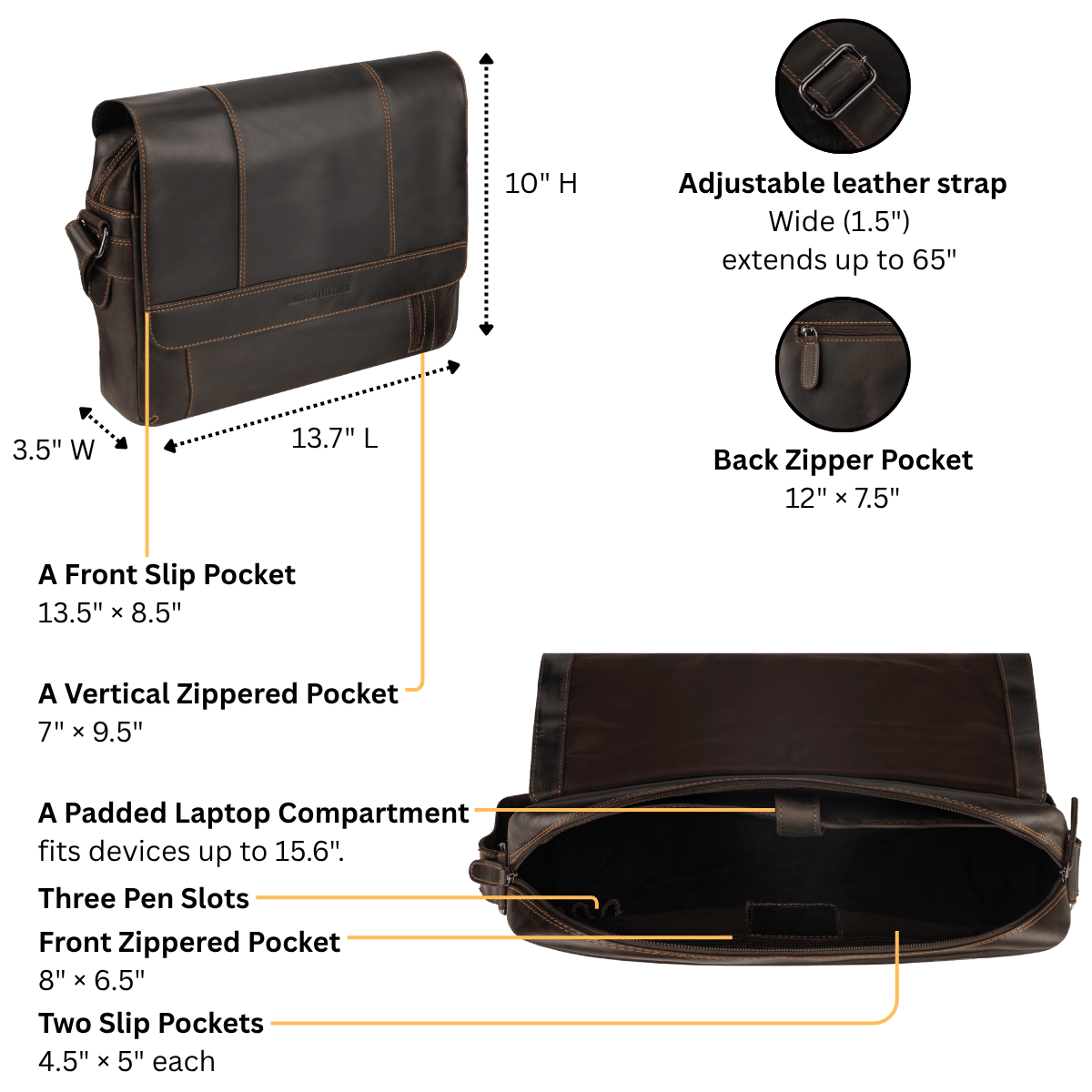 Brown Jordan leather messenger bag by Minori Leather with detailed stitching and a sleek, functional design.