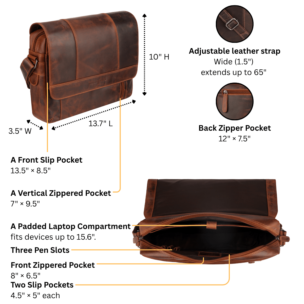 Jordan leather messenger bag by Minori Leather in chestnut, featuring a sleek design with a spacious laptop compartment.