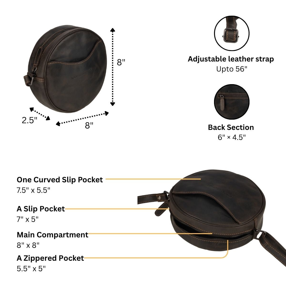 Minori Leather Luna leather round crossbody bag in chestnut brown with hair-on brown accents, stylish women's accessory.