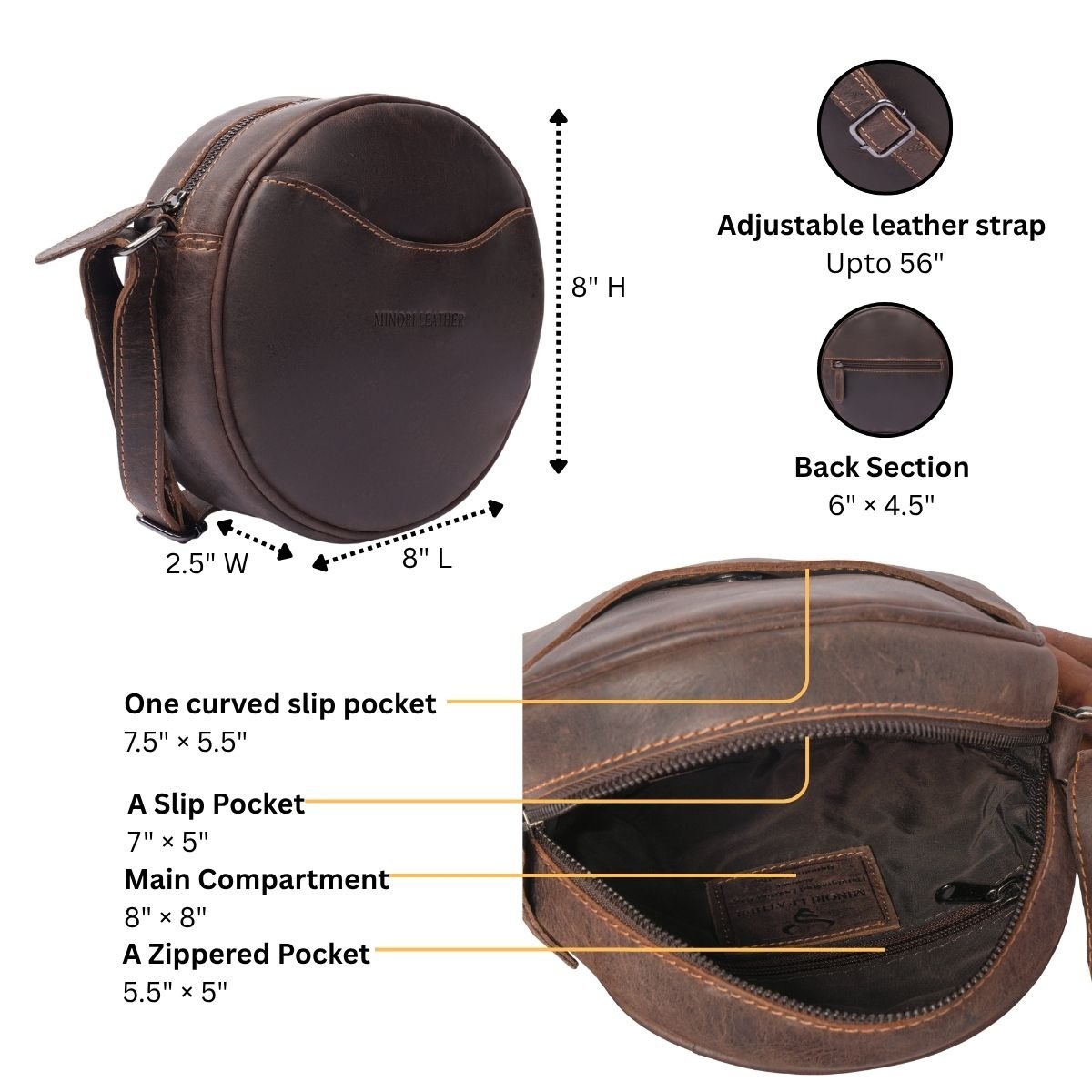 Luna Leather Crossbody Bag – Adjustable Strap, Multiple Interior Pockets, Compact Everyday - Minori Leather