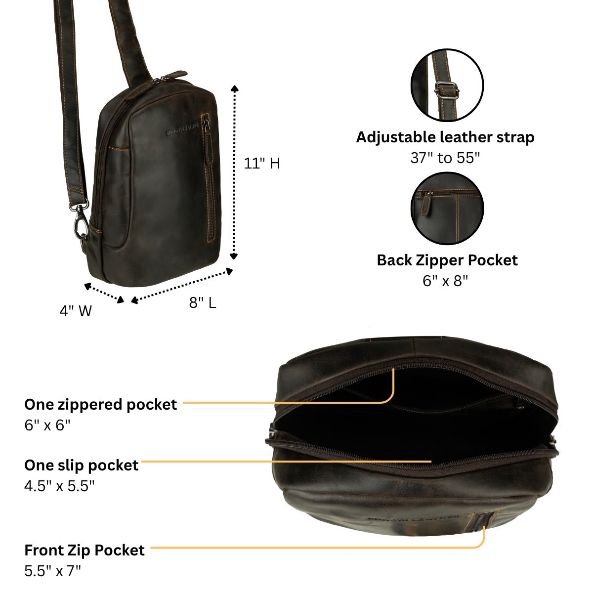 Brown Luxe Leather Sling Bag by Minori Leather featuring a sleek crossbody design with detailed stitching and a polished finish.