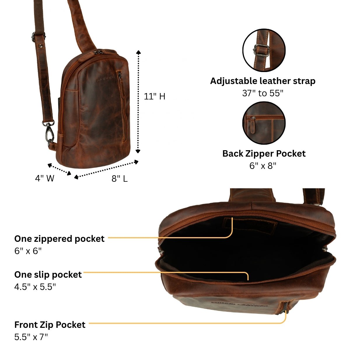 Close-up of Minori Leather Luxe Leather Sling Bag in chestnut with detailed leather texture and sleek crossbody design.