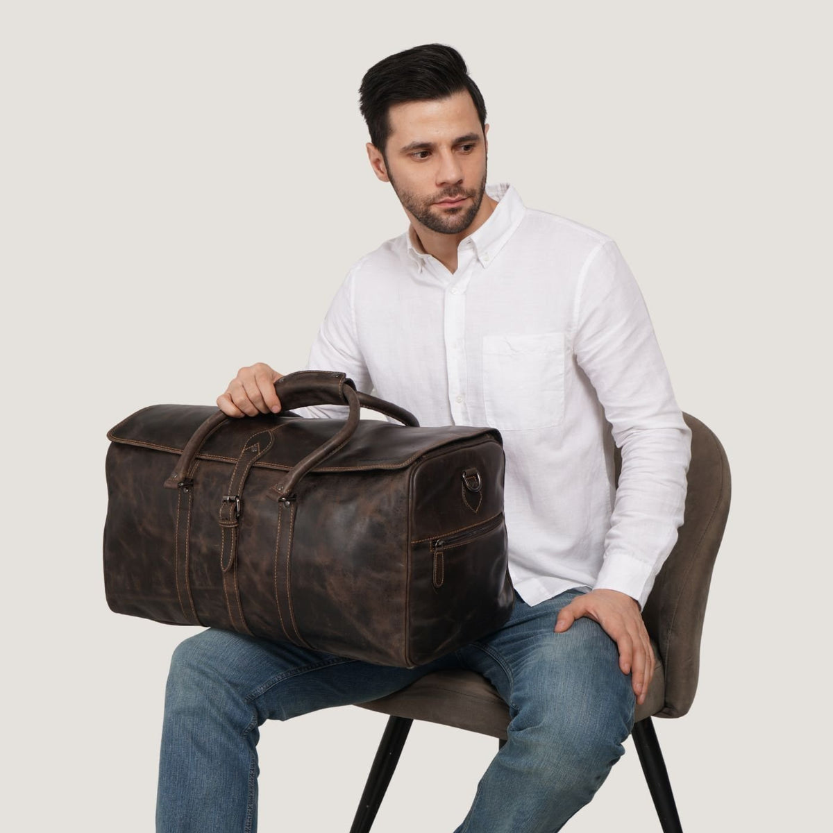 Unisex Miami Leather Weekender Duffle Bag by Minori Leather in chestnut brown with sturdy handles and spacious interior.
