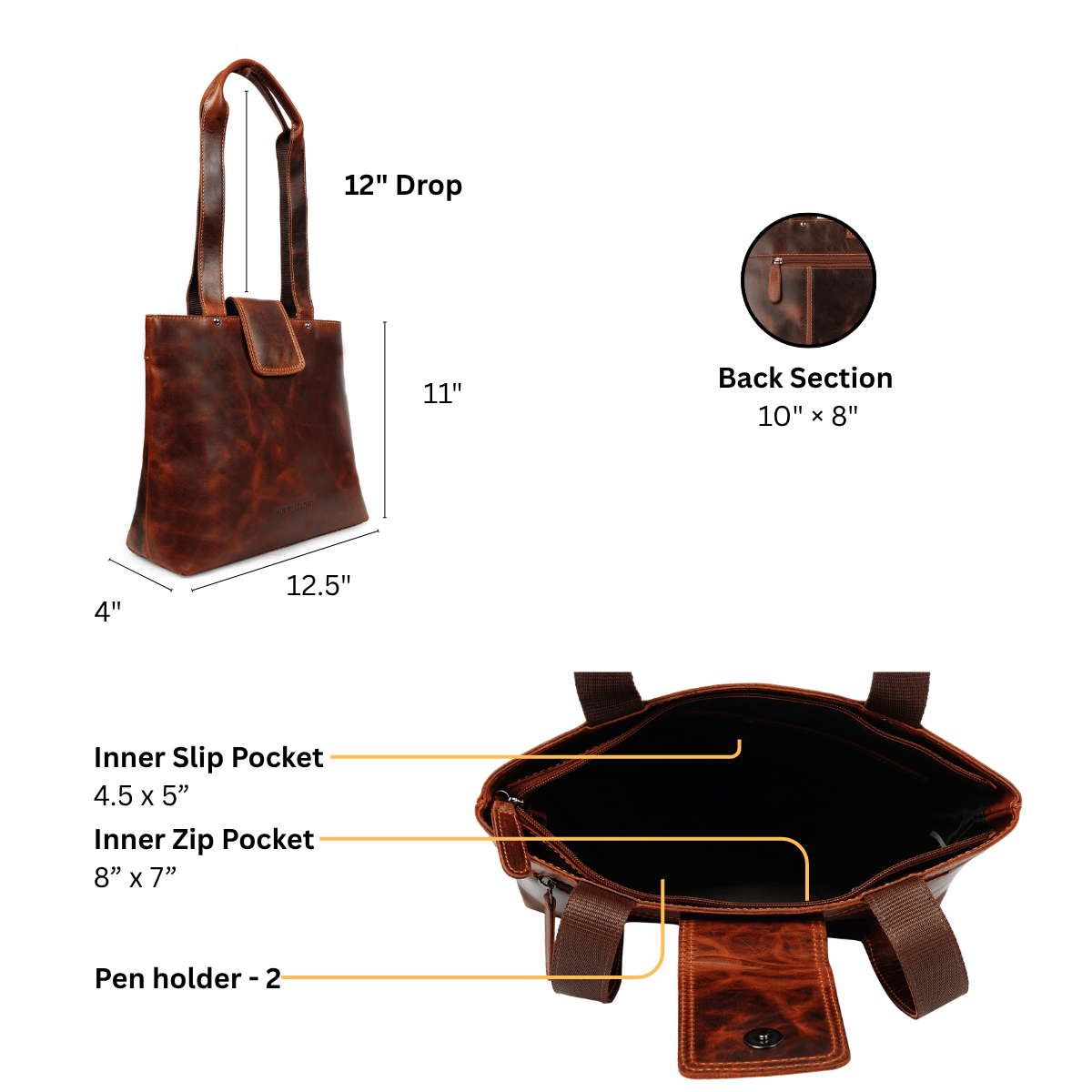 Minori Leather Bennett shoulder tote bag in chestnut leather with sturdy handles and spacious interior.