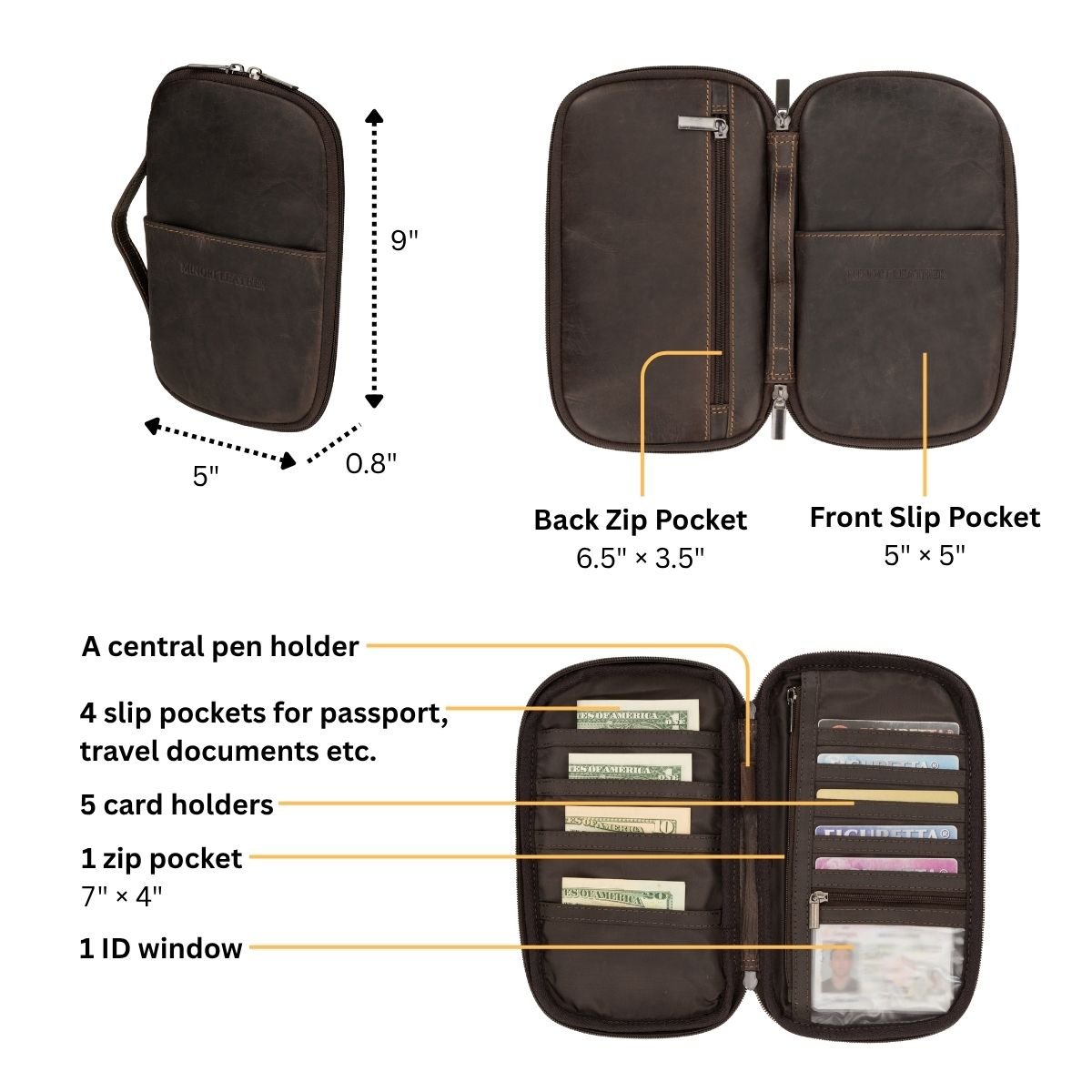 Brown Monroe leather passport wallet by Minori Leather, showing the compact design with card slots and passport compartment.