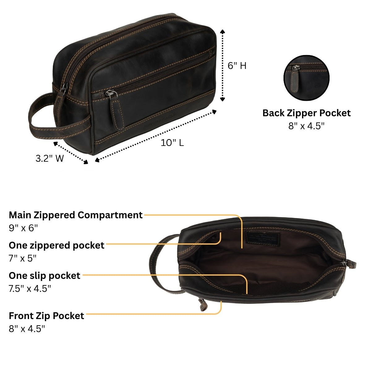 Brown premium leather toiletry bag for men by Minori Leather, featuring a sleek design and sturdy zip closure.