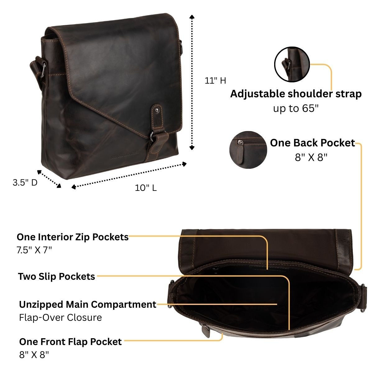 Minori Leather Noah brown leather crossbody satchel bag with adjustable strap and stylish design.