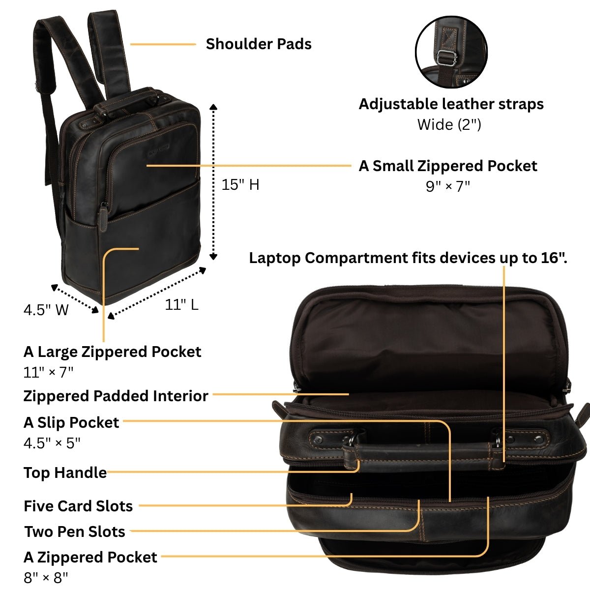 Brown Minori Leather Orlando backpack with 16-inch size, unisex design, featuring sturdy leather straps and spacious interior.