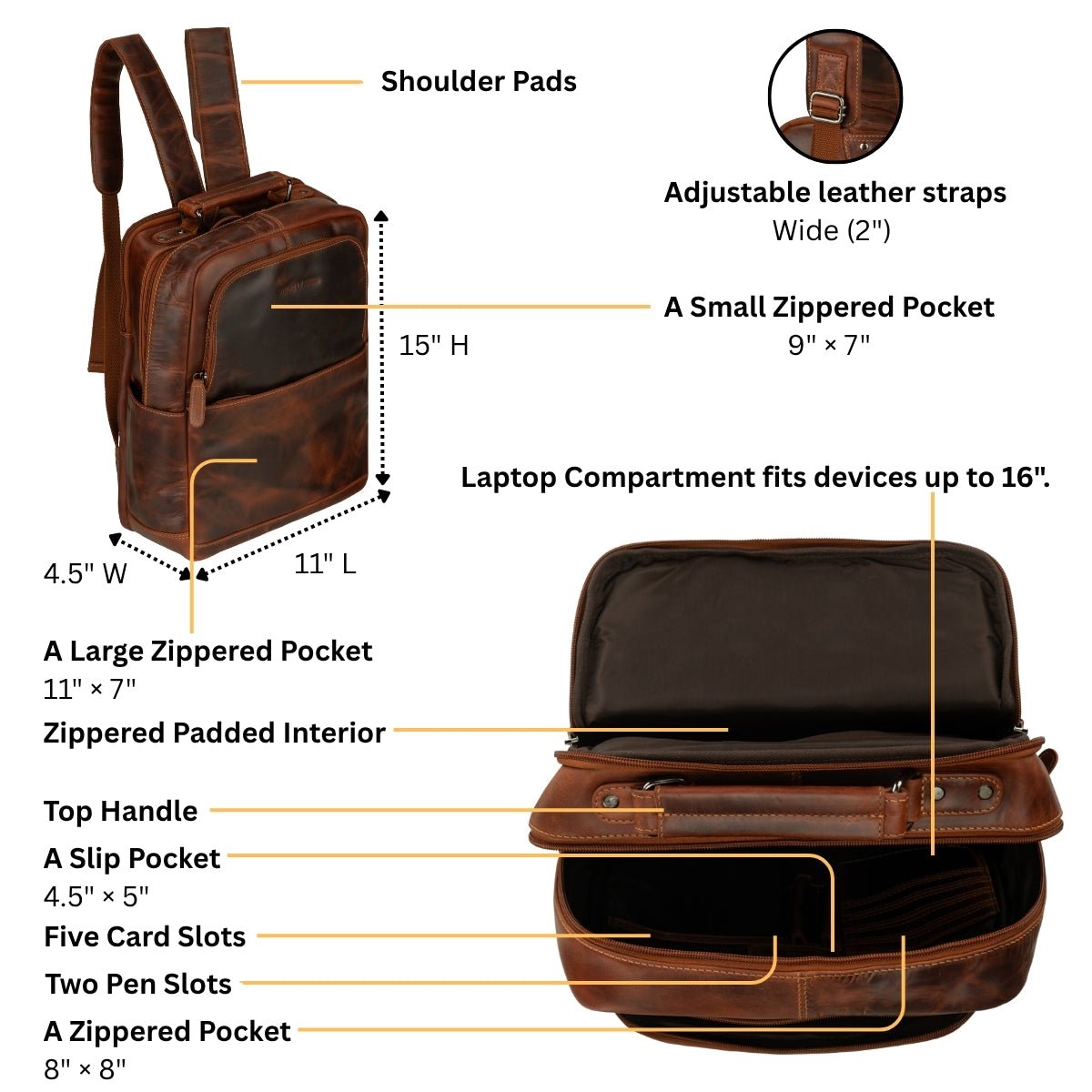 Orlando Leather Backpack 16" – Unisex – Chestnut - Minori Leather