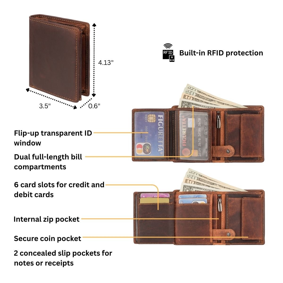 Minori Leather Philip men's trifold wallet in chestnut leather, showing multiple card slots and bill compartment.