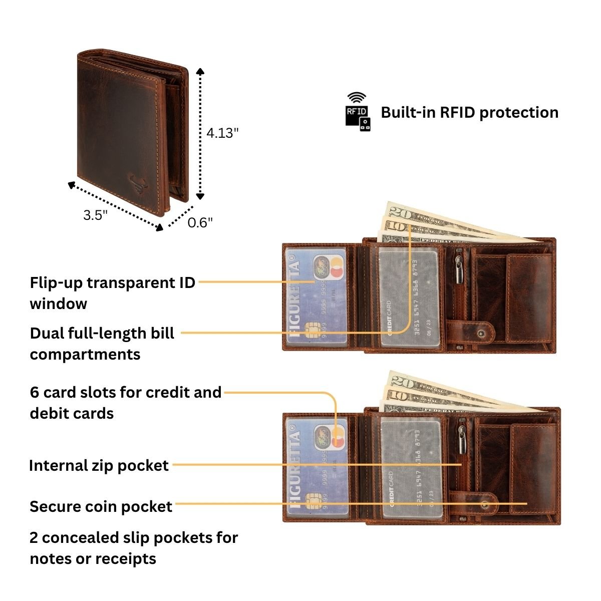 Philip Leather Trifold Wallet for Men in Chestnut - Minori Leather