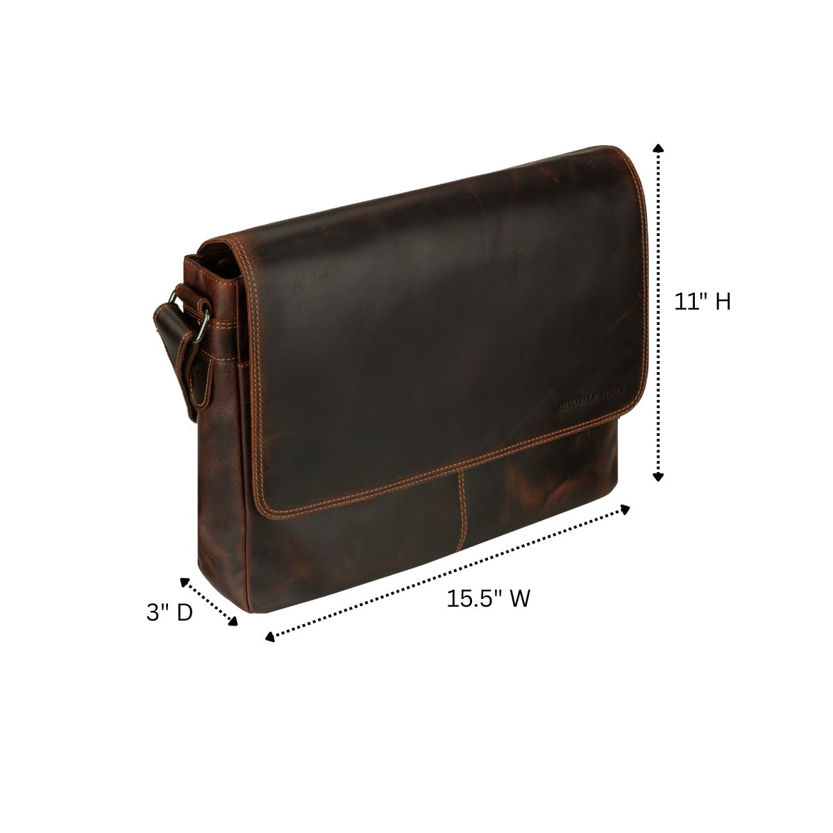 Minori Leather Richmond full grain leather 16-inch laptop messenger bag in espresso, stylish work bag for men with multiple compartments.