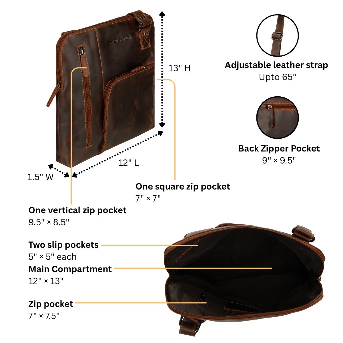 Minori Leather Ryder unisex shoulder bag in chestnut leather, featuring a sleek design and adjustable strap for everyday use.