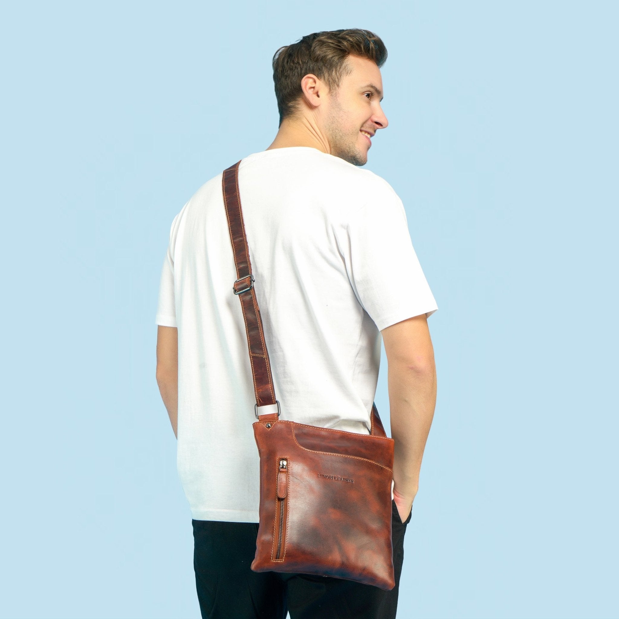 Carter Slim Leather Crossbody Bag in Chestnut - Minori Leather