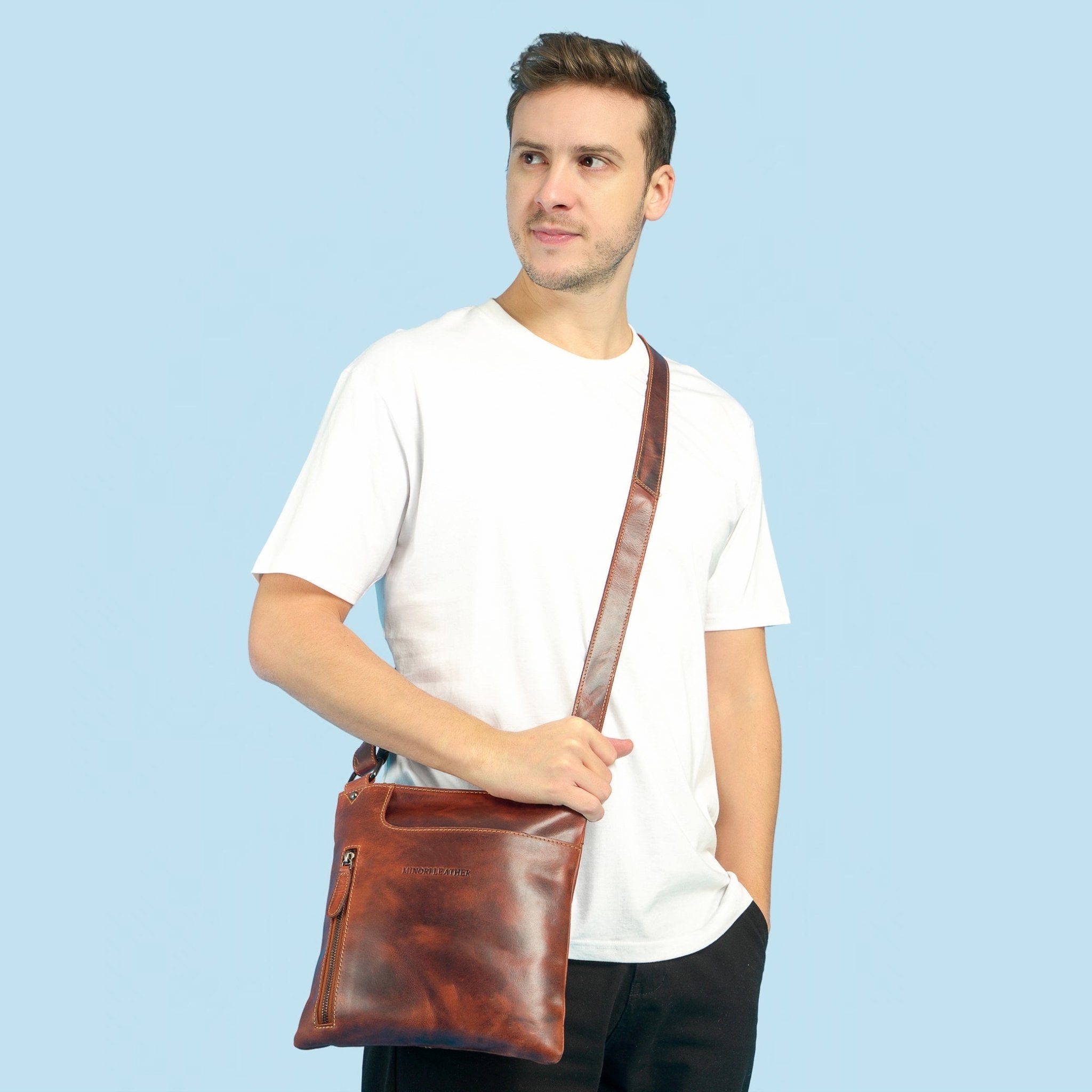 Carter Slim Leather Crossbody Bag in Chestnut - Minori Leather
