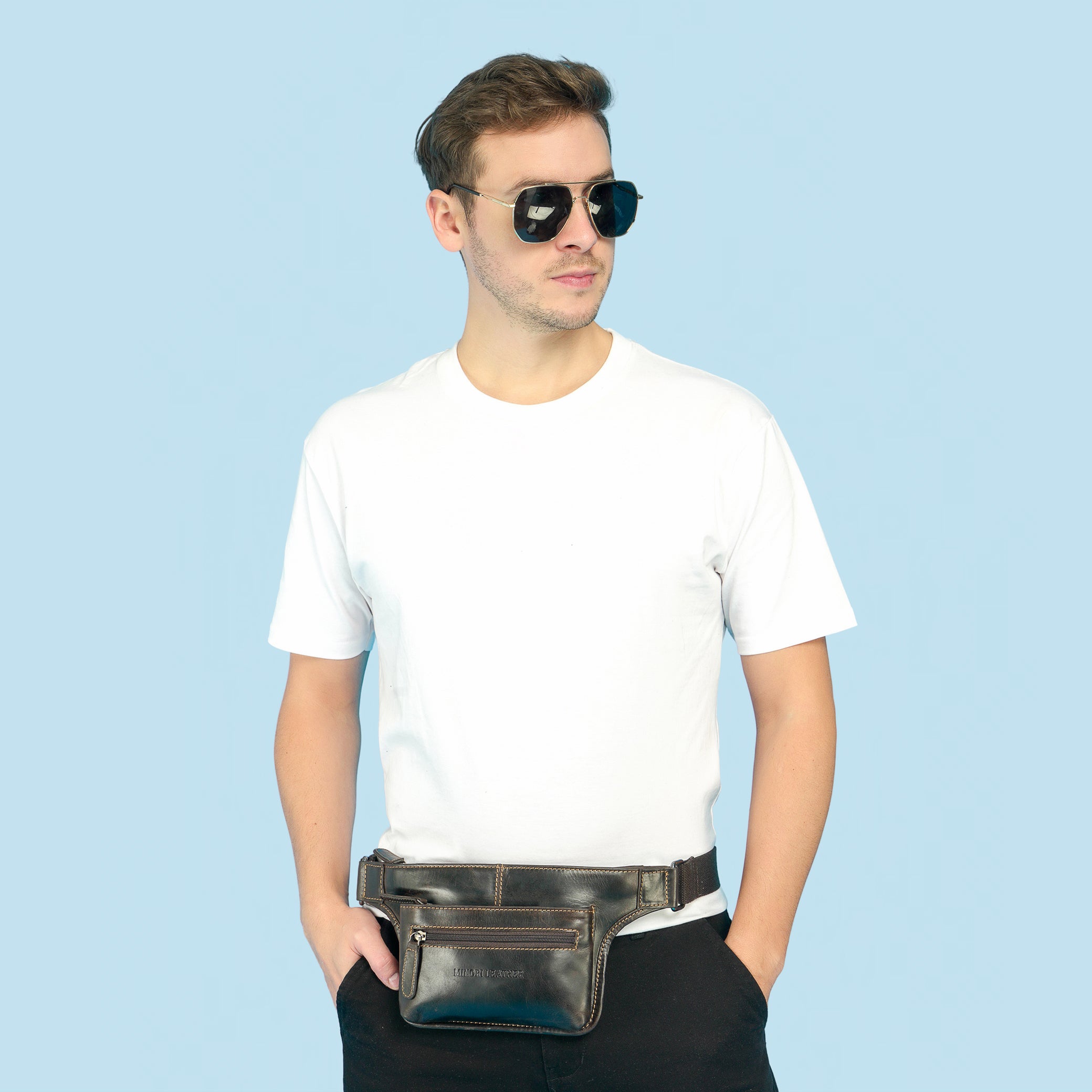Brown Osaka Leather Belt Bag by Minori Leather, unisex fanny pack with adjustable strap and compact design.