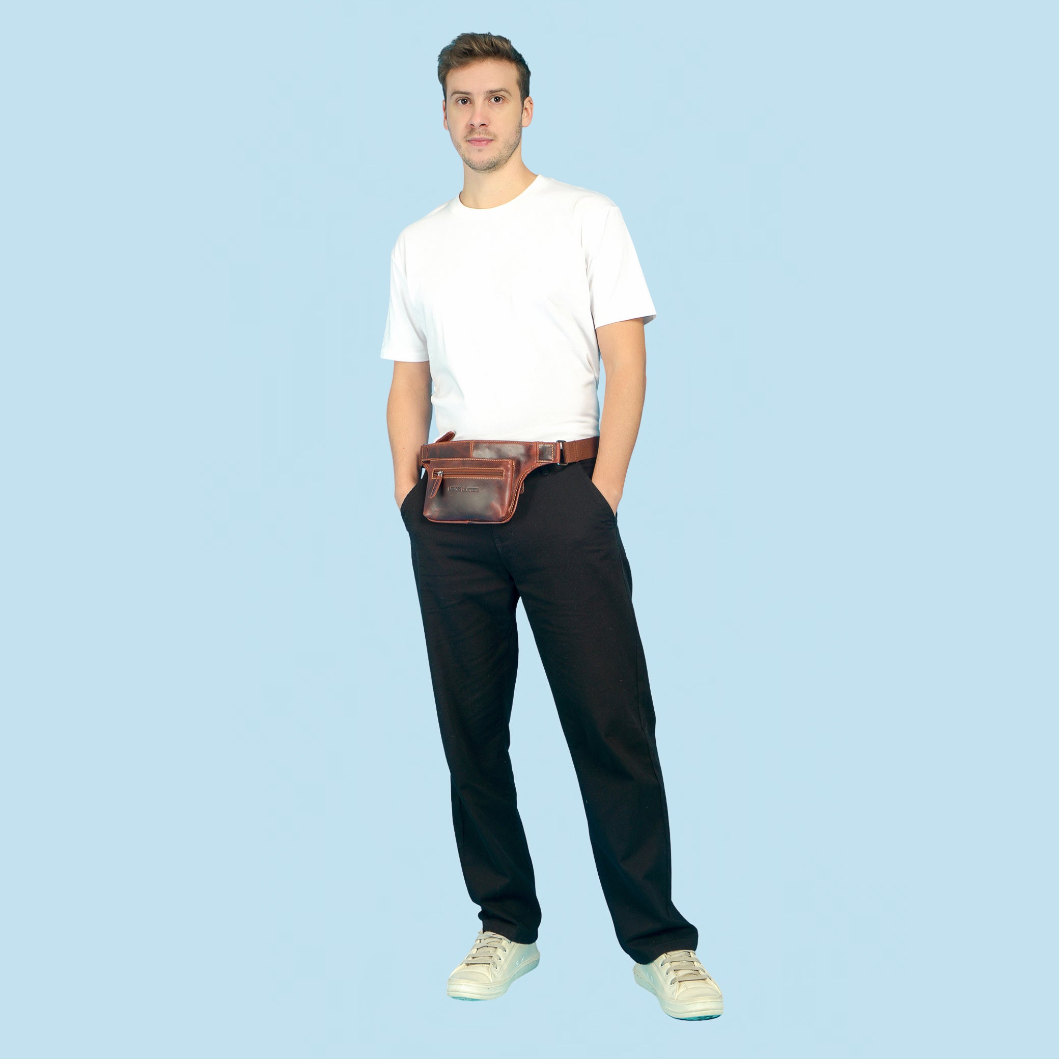 Minori Leather Osaka leather belt bag in chestnut, unisex fanny pack with adjustable strap and compact design.