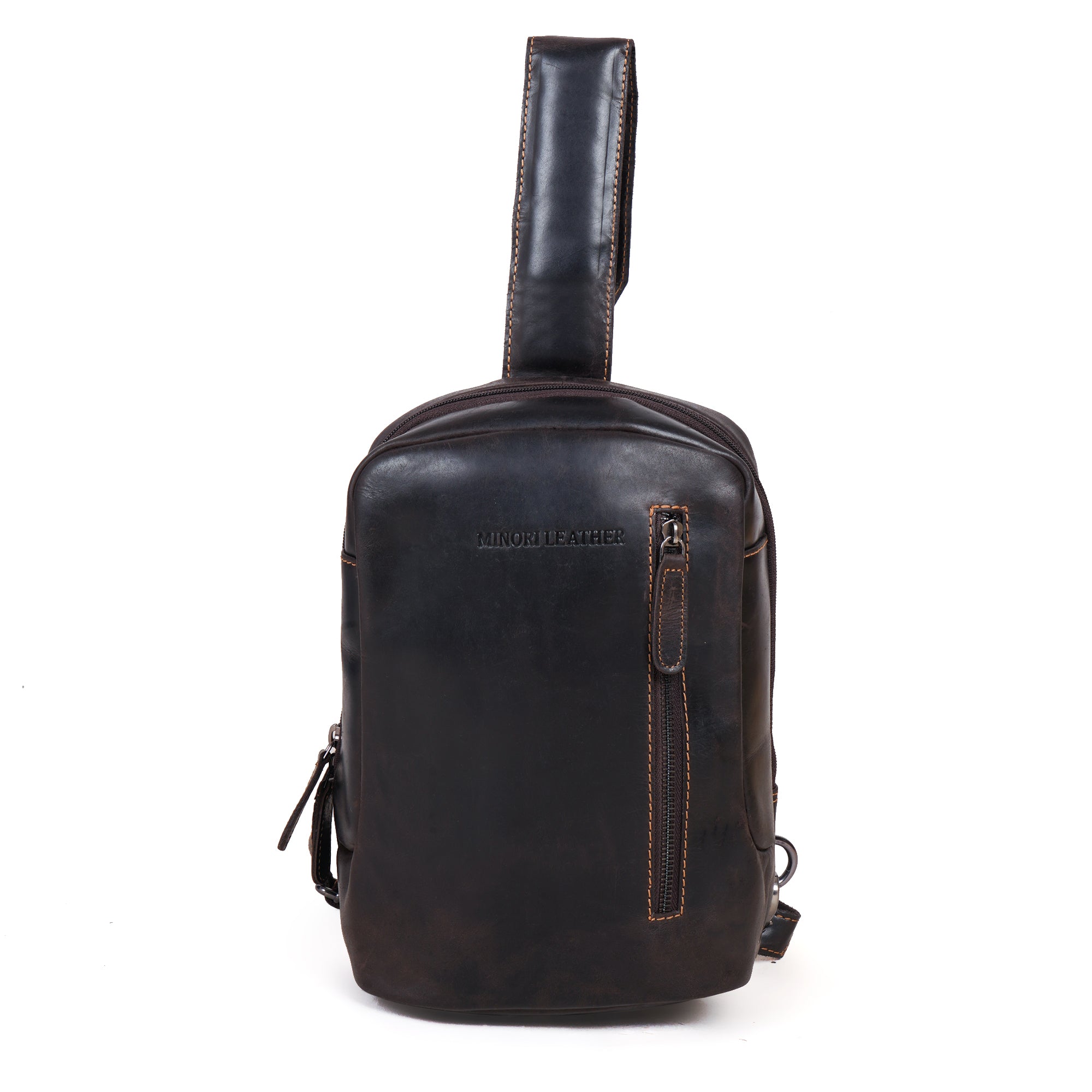 Brown Luxe Leather Sling Bag by Minori Leather, unisex crossbody bag featuring sleek design and high-quality leather.